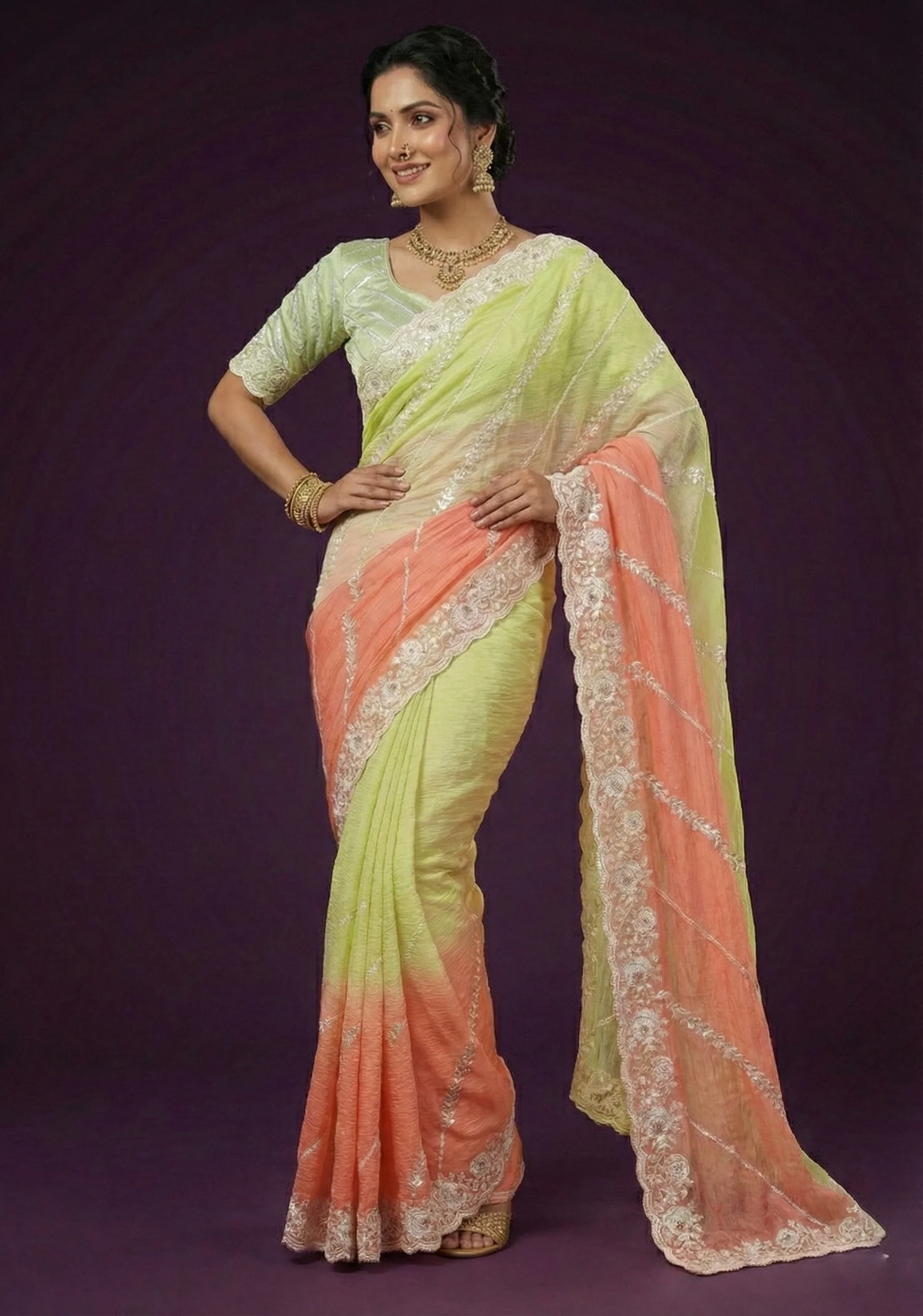 Lime & Peach Ombre Embellished Crushed Silk Saree - Image 3