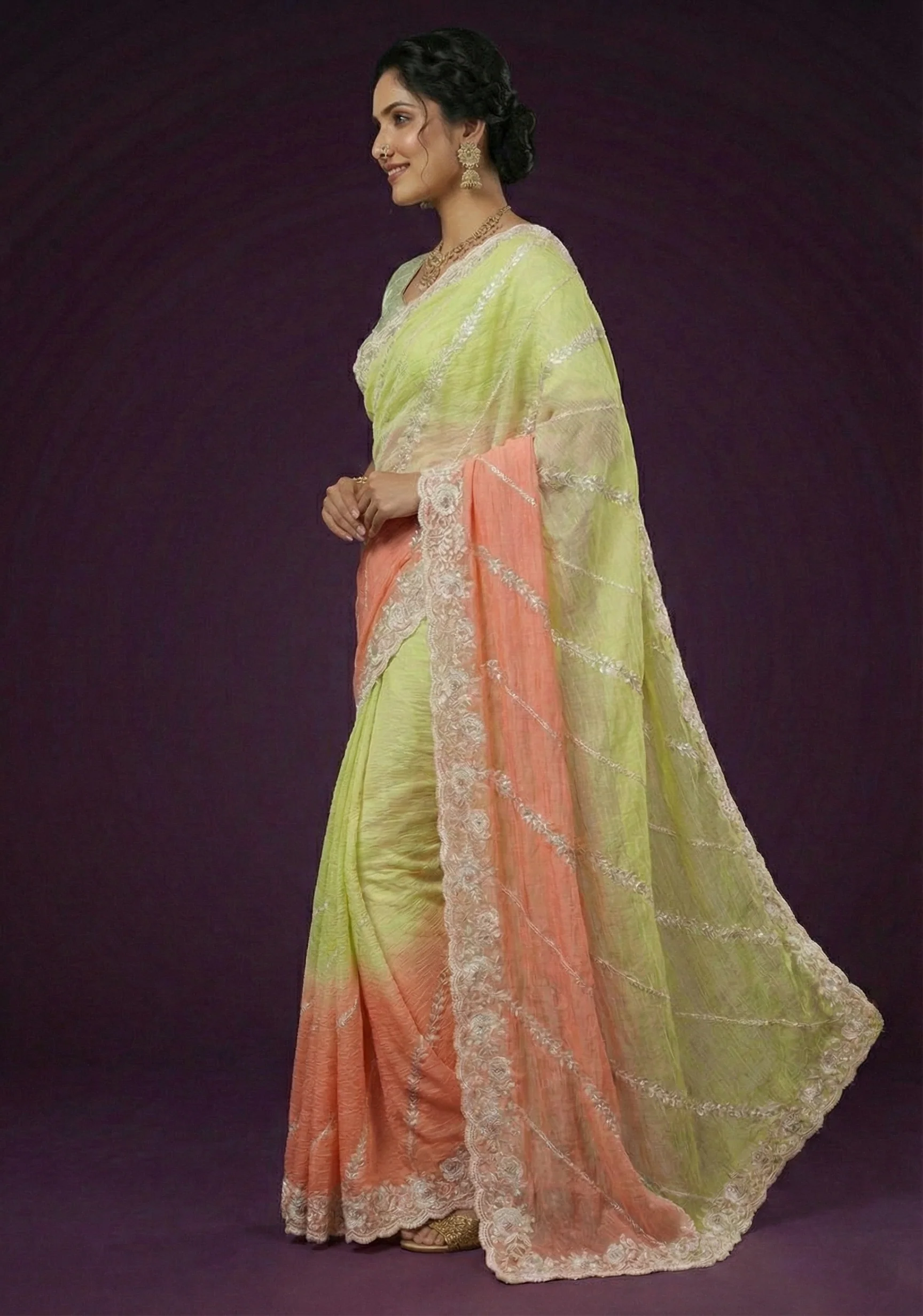 Lime & Peach Ombre Embellished Crushed Silk Saree - Image 4
