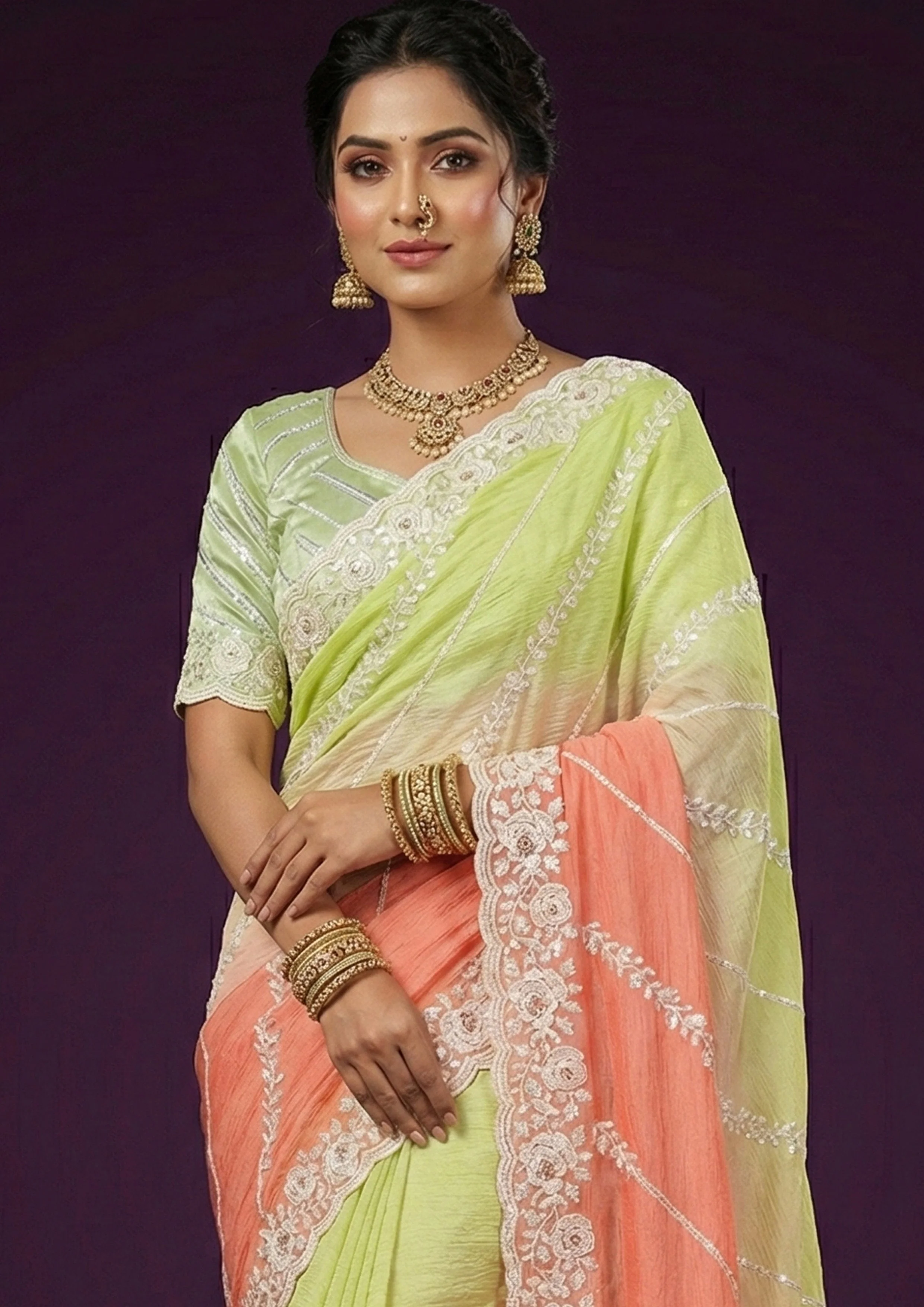 Lime & Peach Ombre Embellished Crushed Silk Saree - Image 5