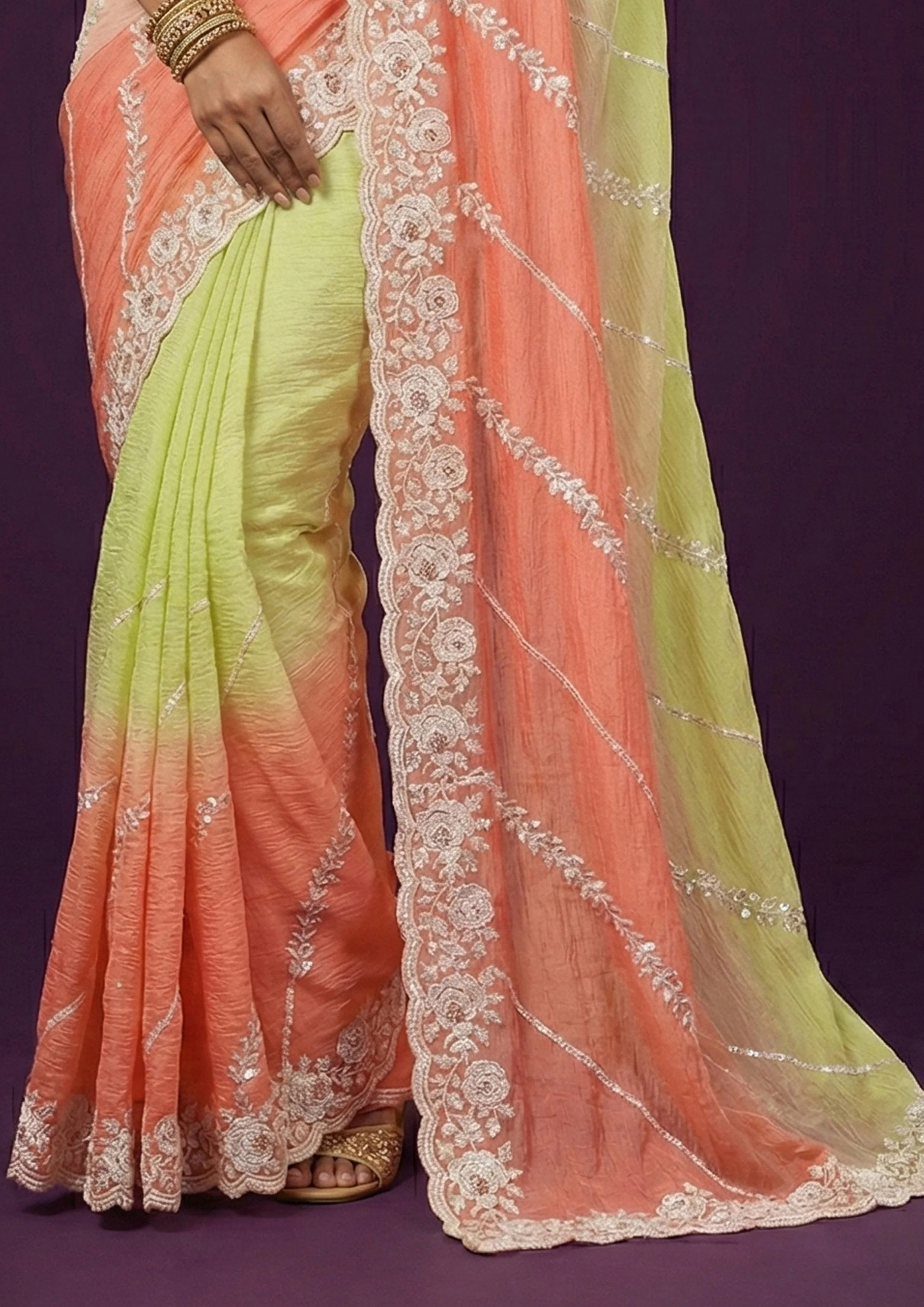Lime & Peach Ombre Embellished Crushed Silk Saree - Image 6