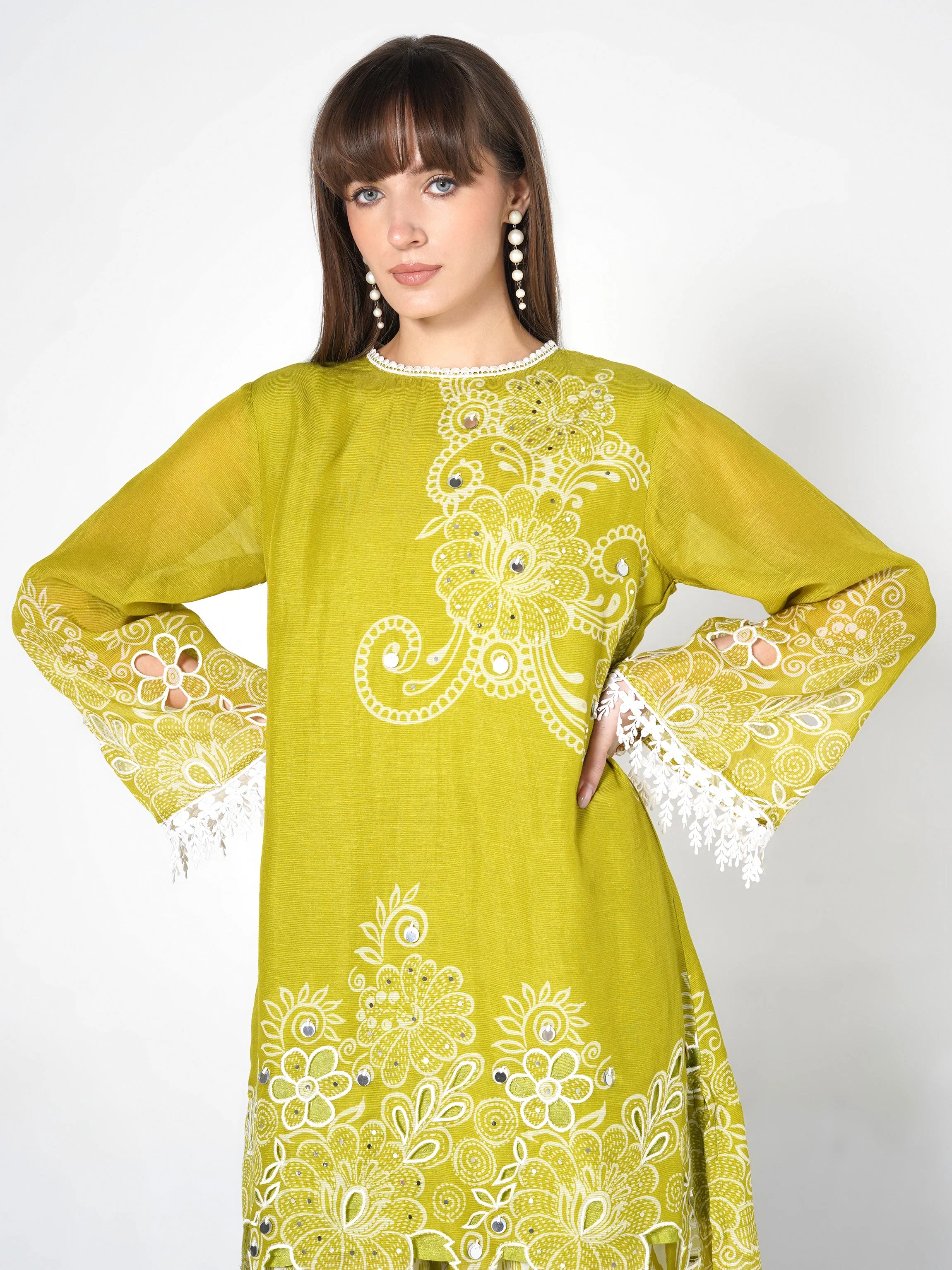 Lime Green Printed Linen Silk Co-Ord Set - Image 2