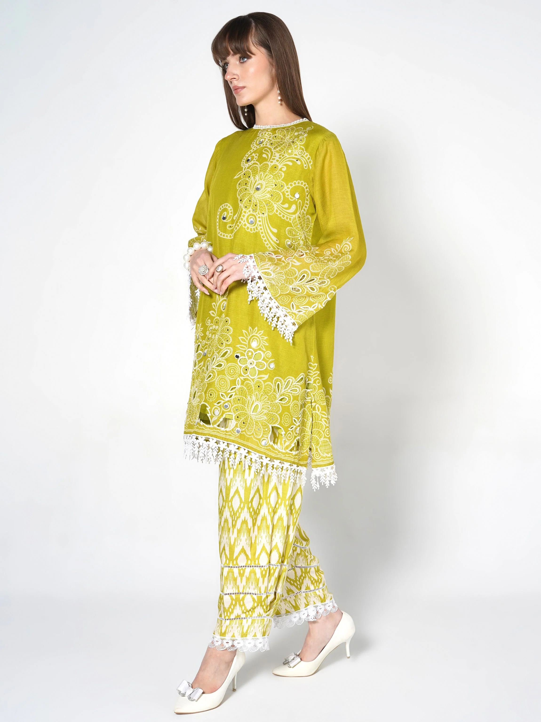 Lime Green Printed Linen Silk Co-Ord Set - Image 3