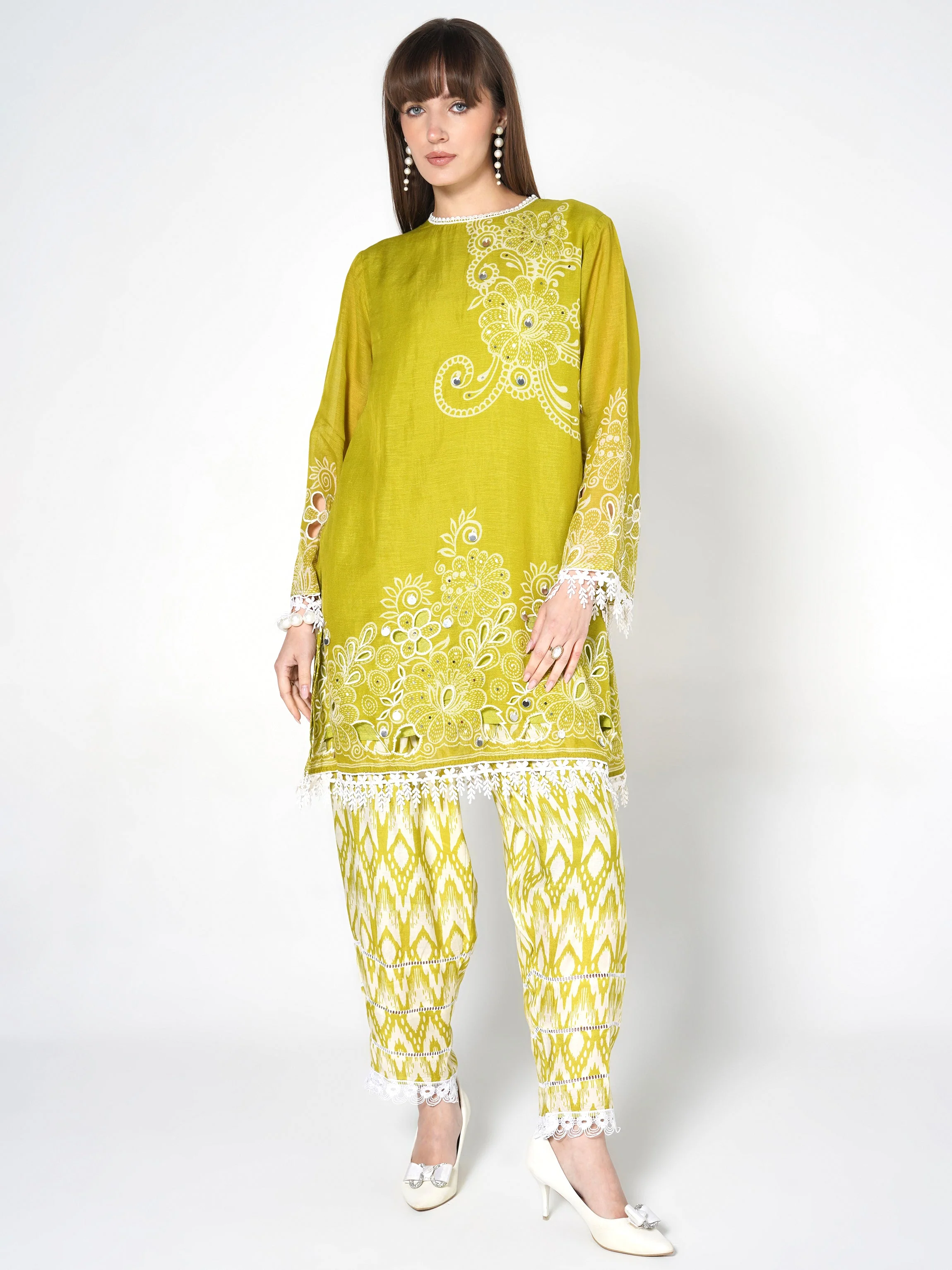 Lime Green Printed Linen Silk Co-Ord Set - Image 5
