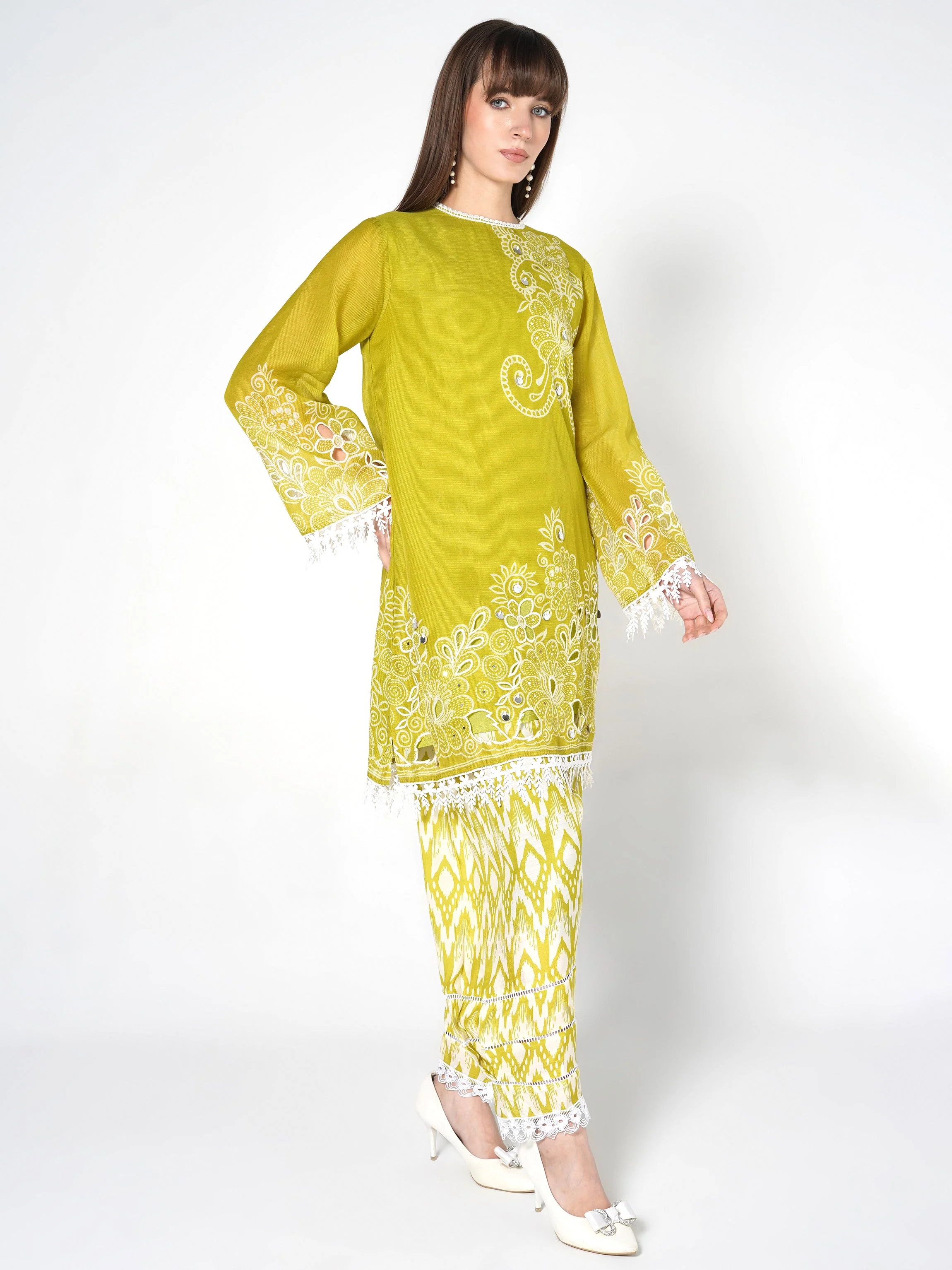 Lime Green Printed Linen Silk Co-Ord Set - Image 6