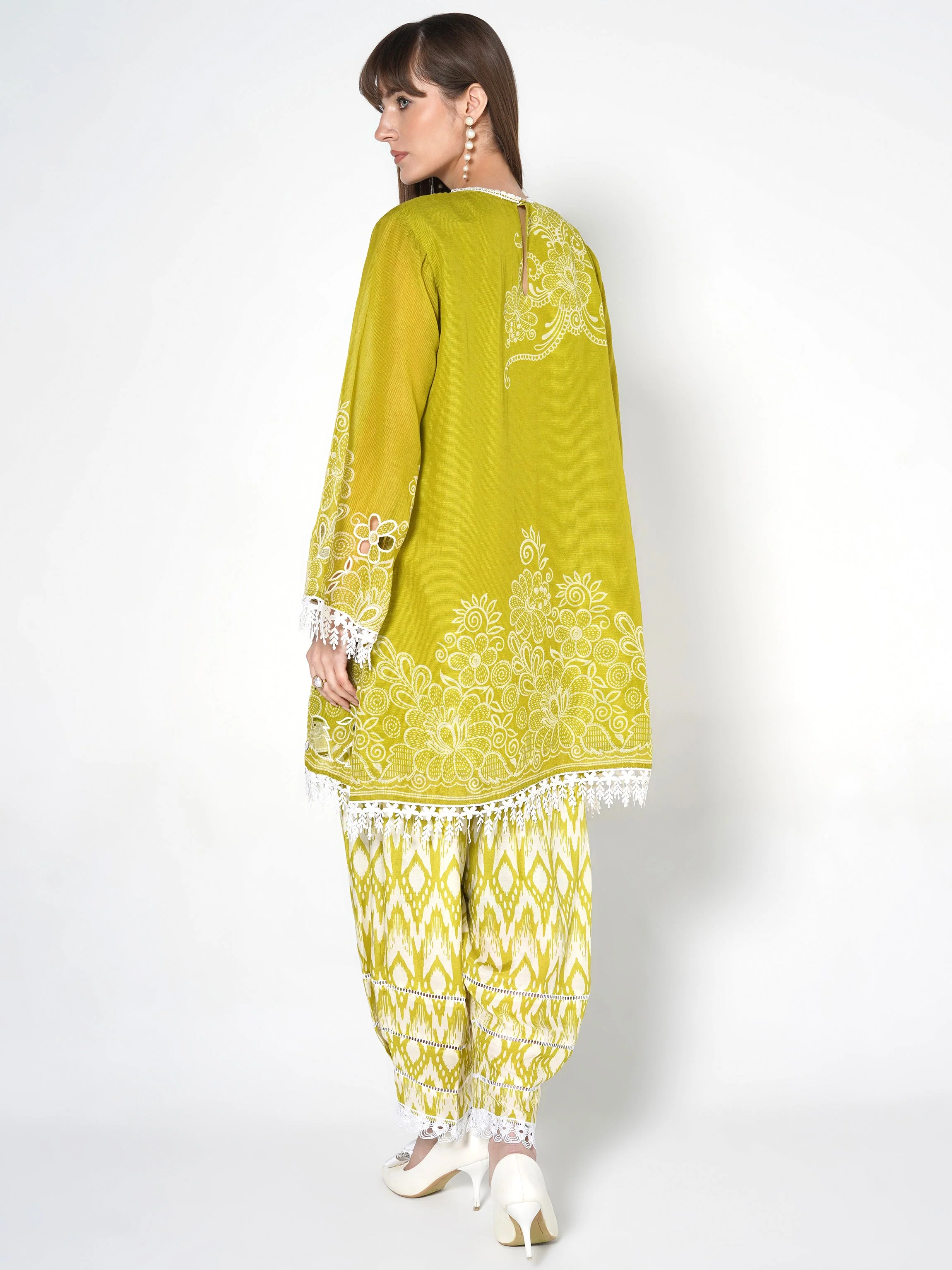 Lime Green Printed Linen Silk Co-Ord Set - Image 7