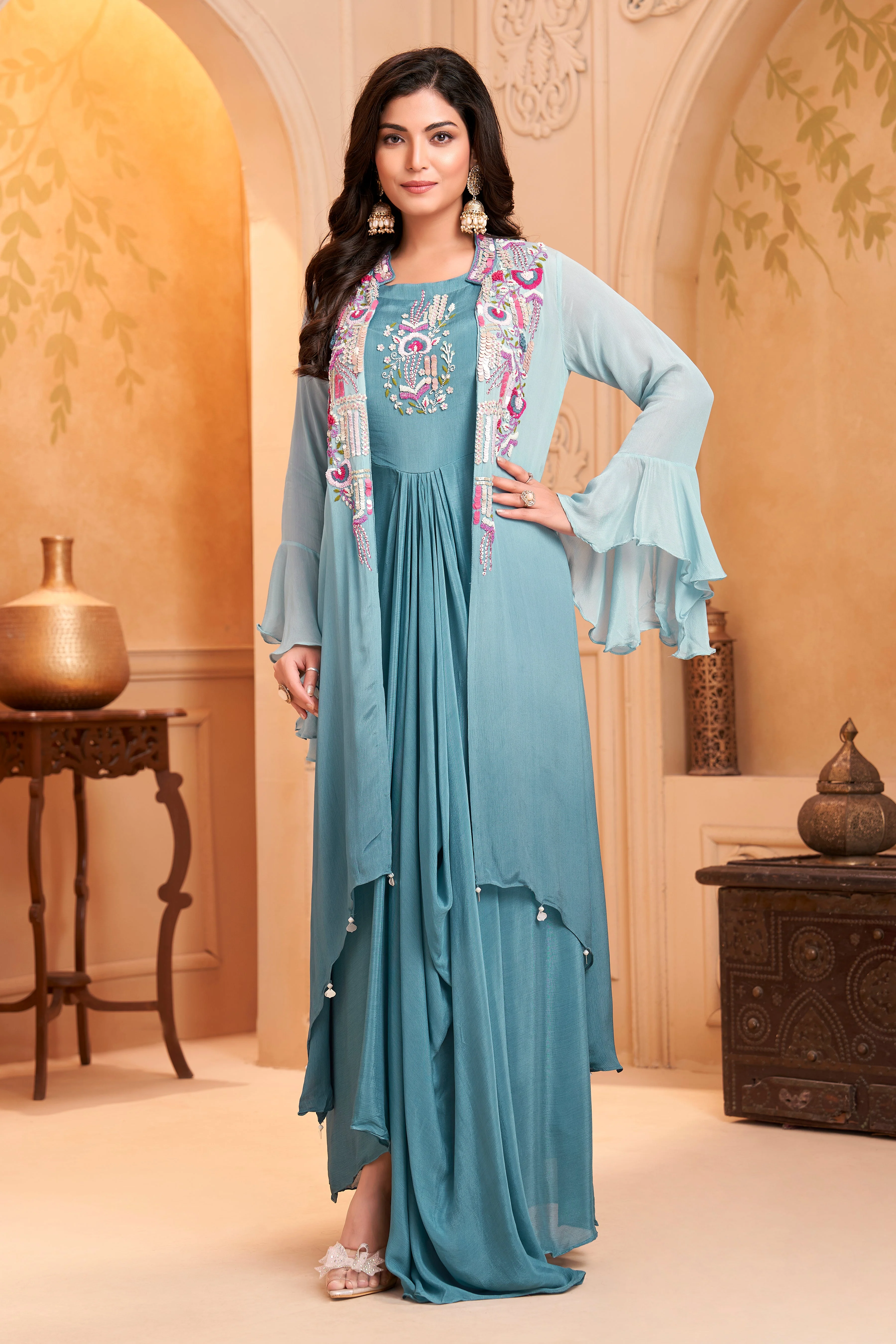 Dusty Blue Ombre Embellished Chinon Silk Dress