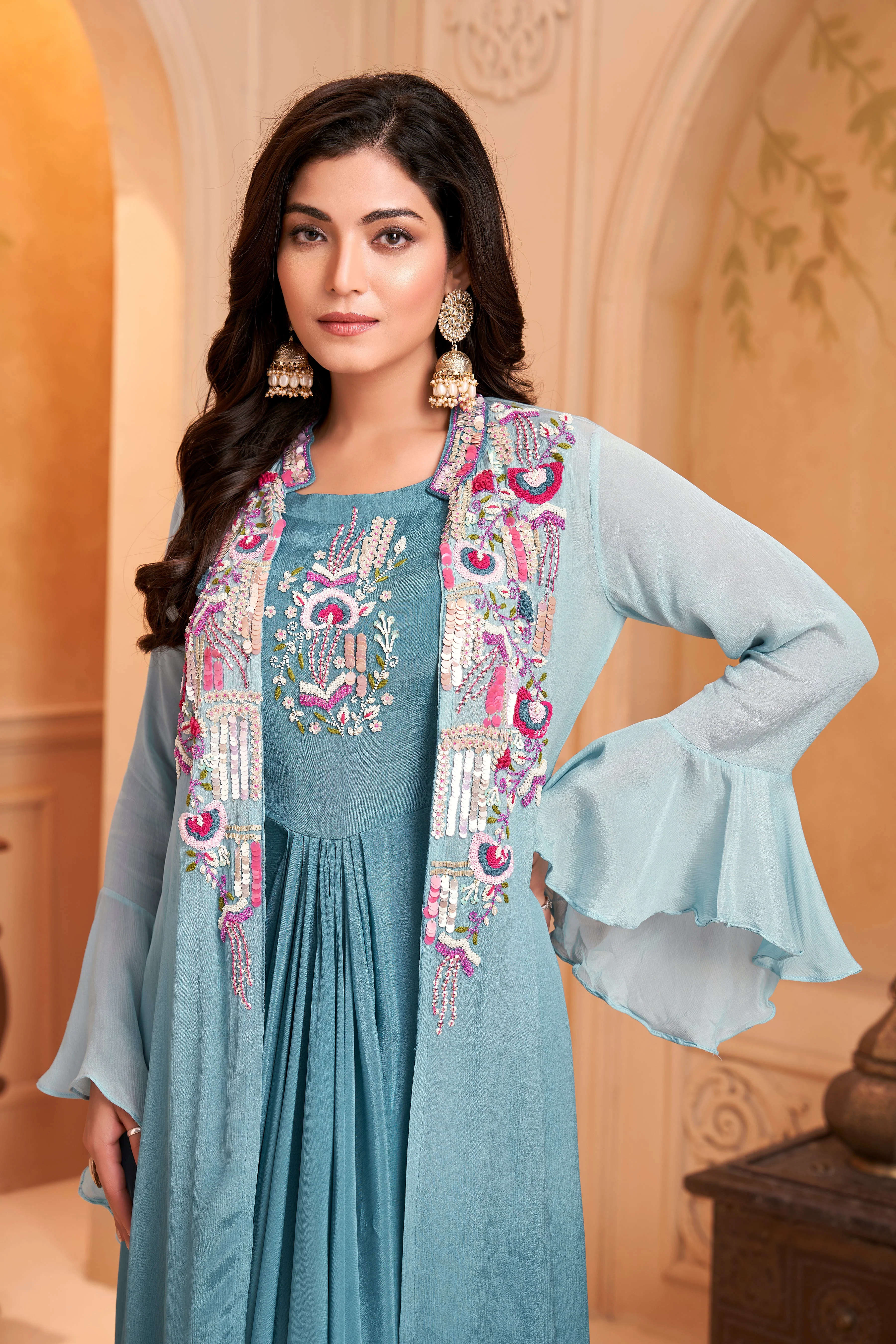 Dusty Blue Ombre Embellished Chinon Silk Dress - Image 2