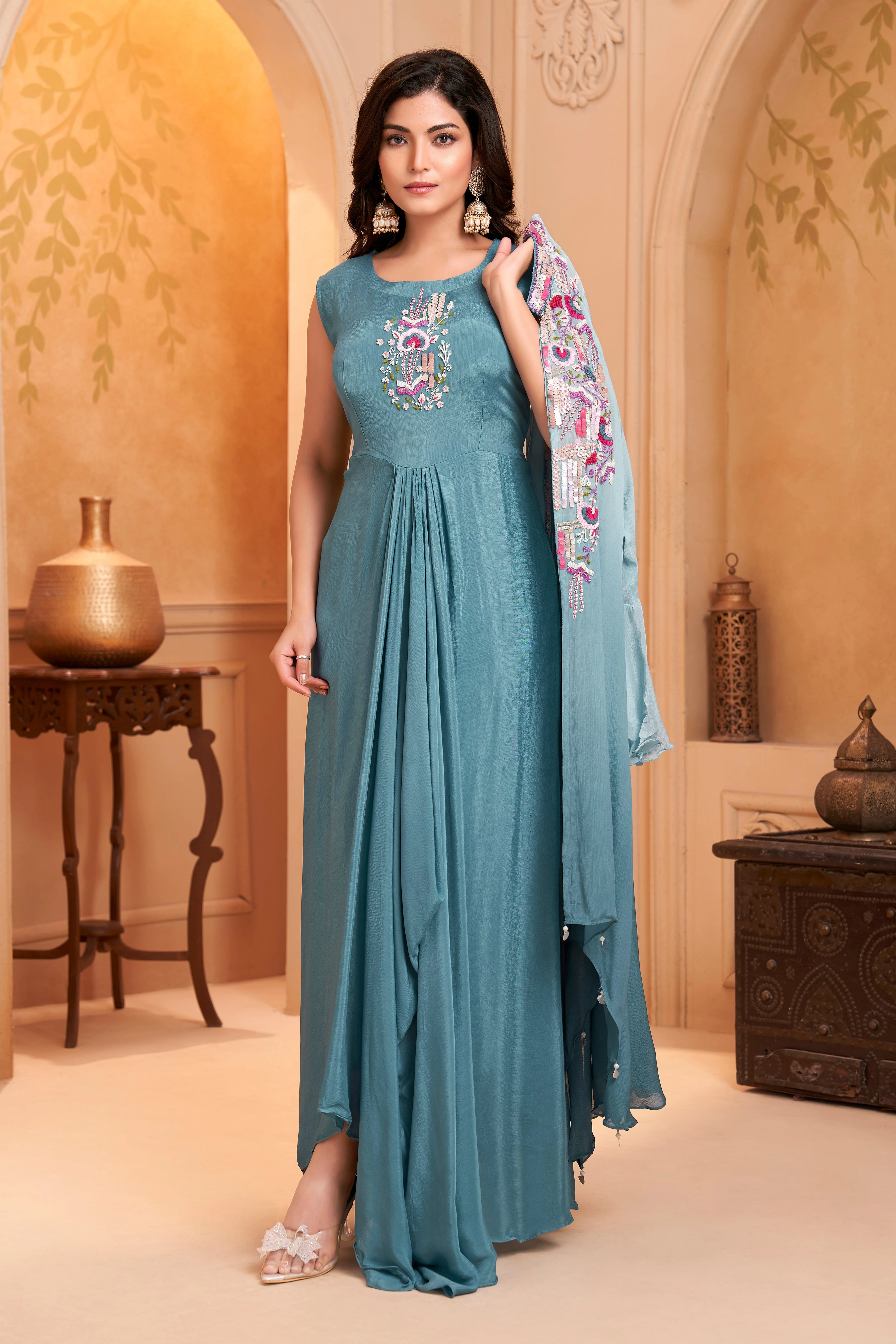 Dusty Blue Ombre Embellished Chinon Silk Dress - Image 3