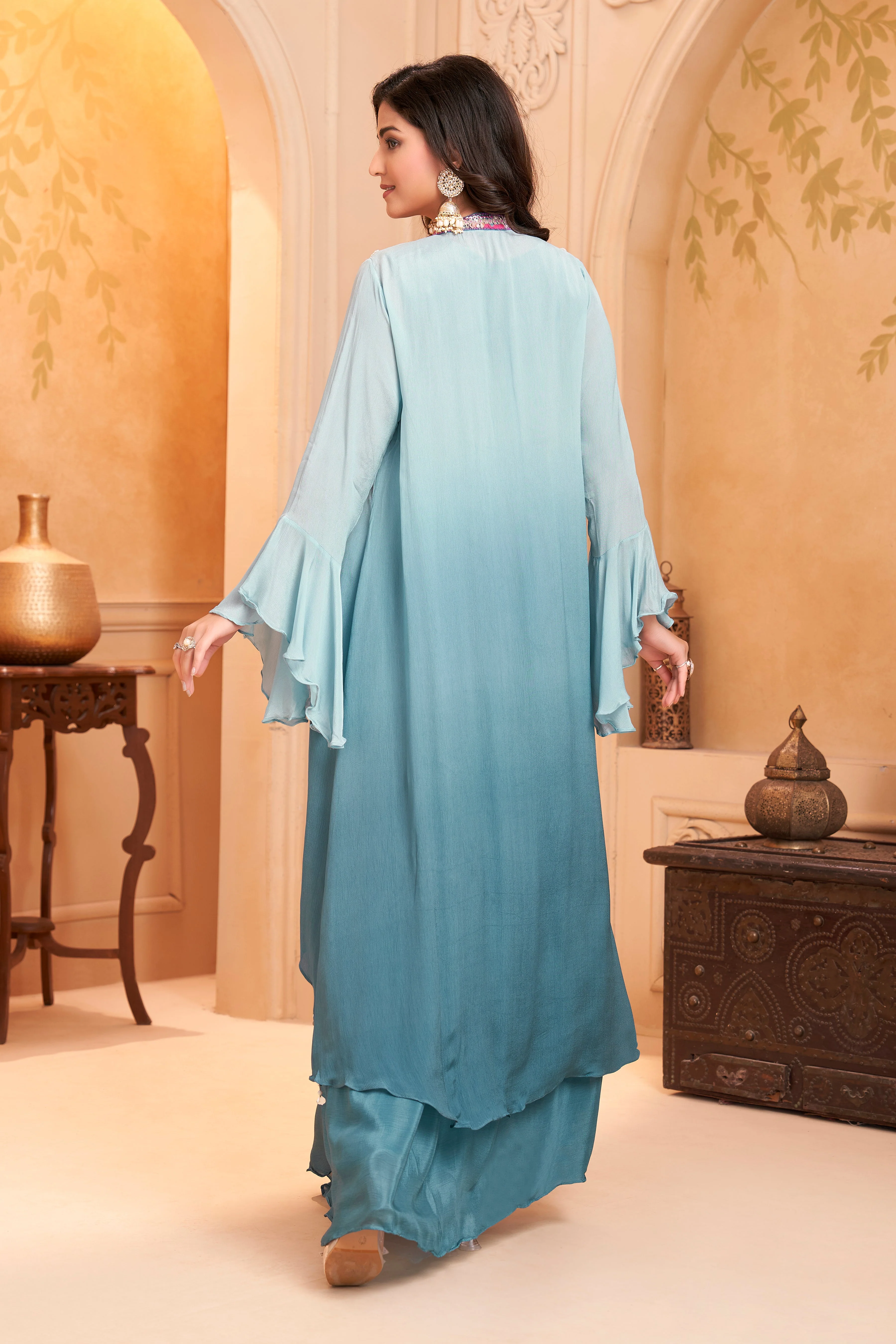 Dusty Blue Ombre Embellished Chinon Silk Dress - Image 4
