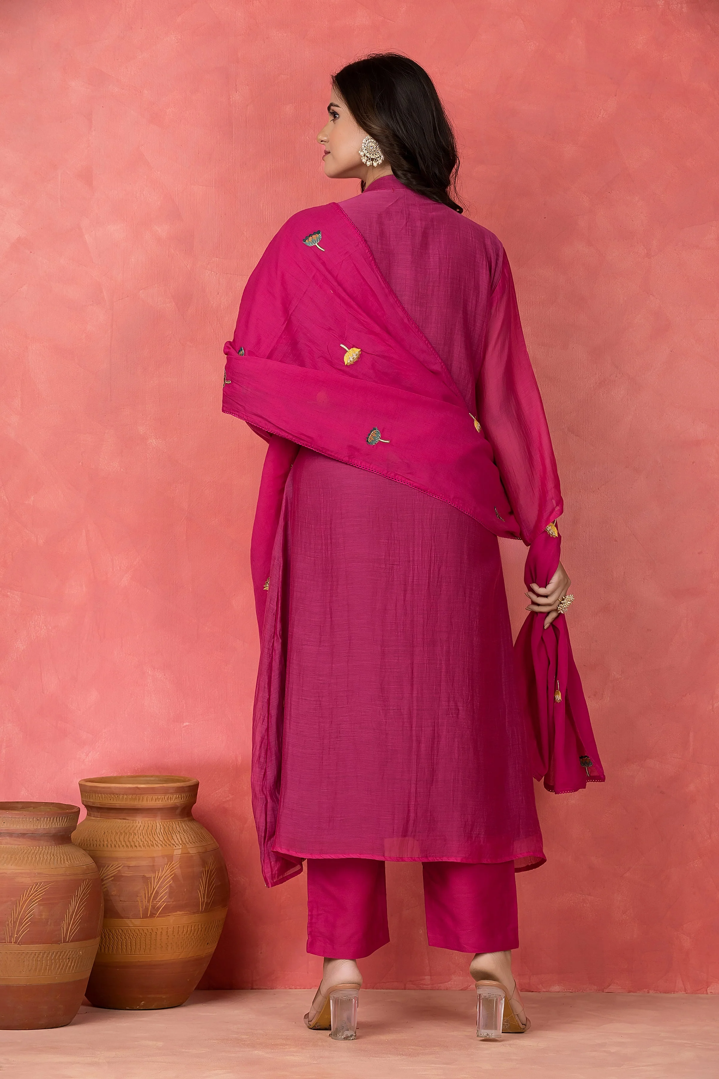 Magenta Embroidered Mul Chanderi Silk Pant Set - Image 2