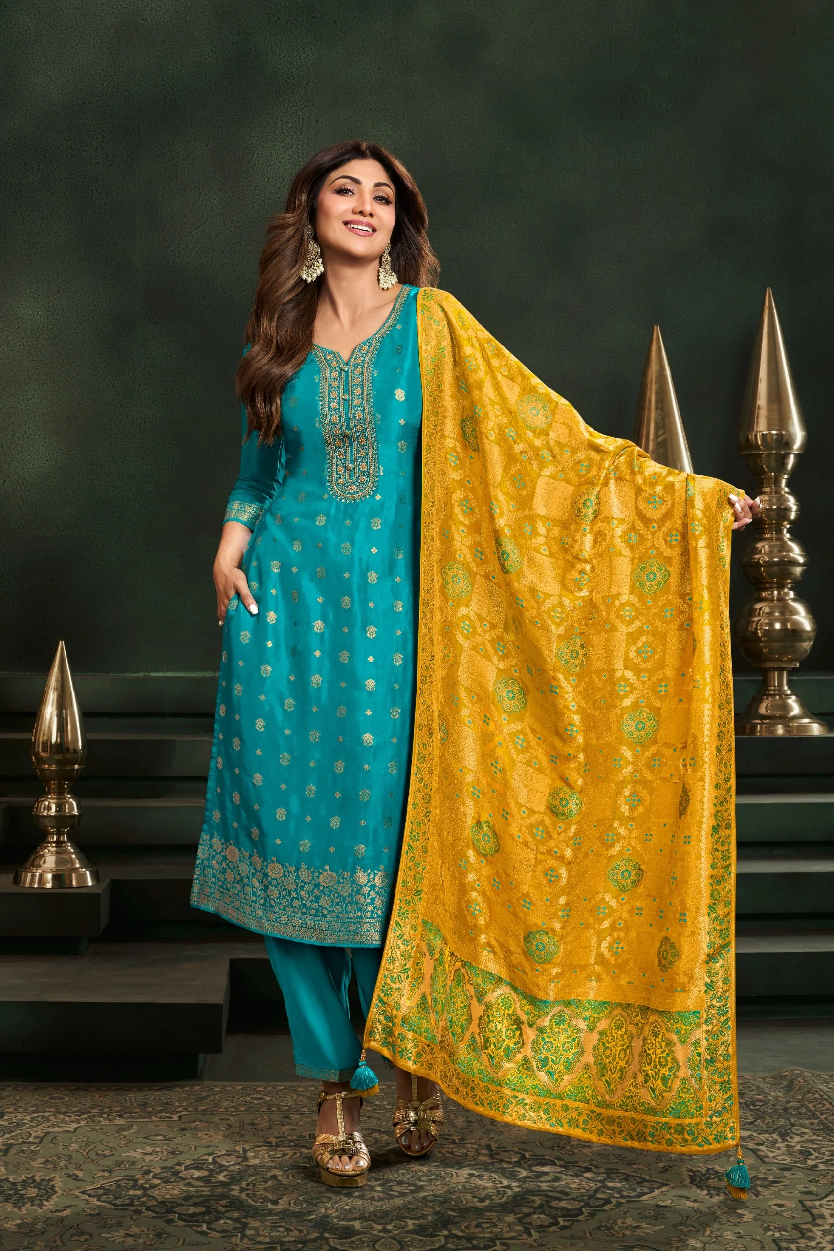 Turquoise Embellished Brocade Silk Pant Set