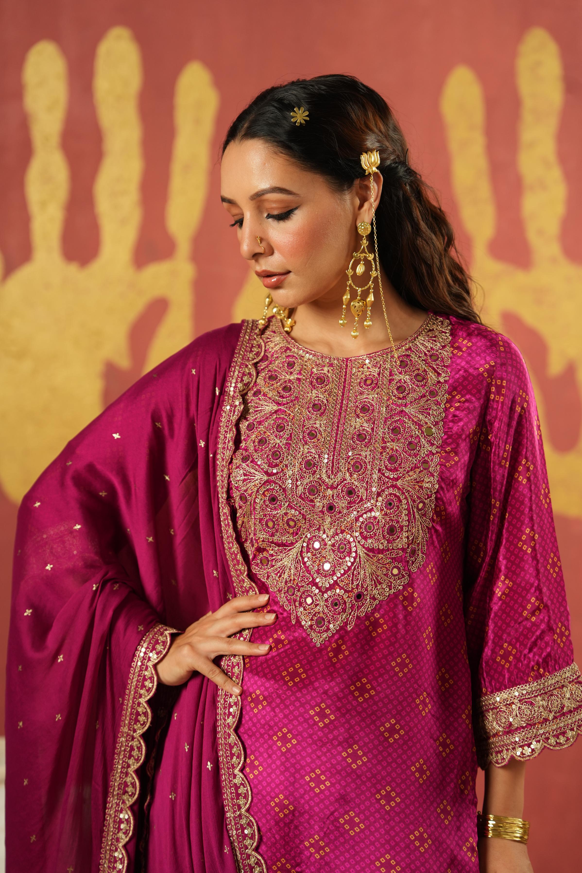 Magenta Pink Embellished Chinon Silk Pant Set - Image 2