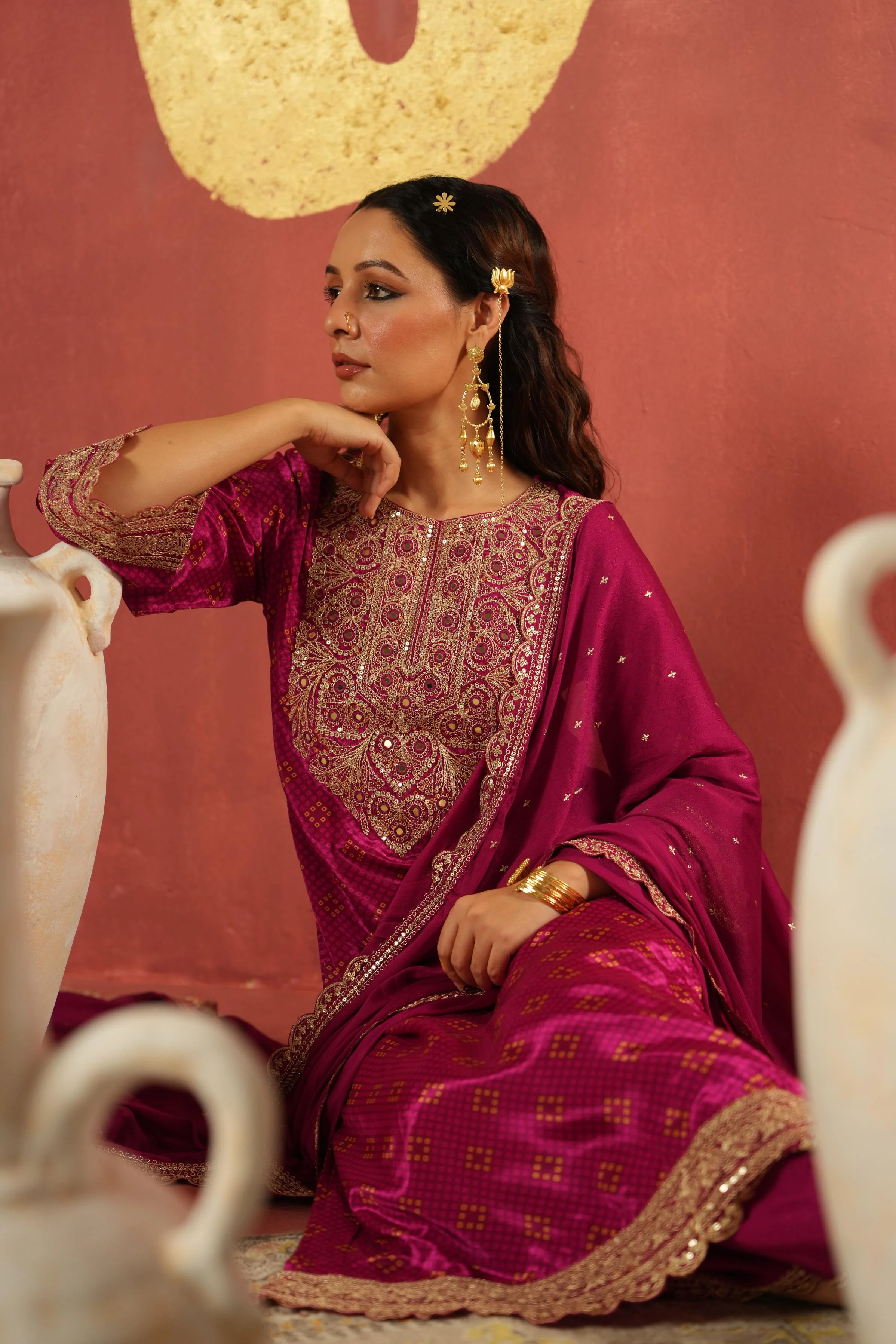 Magenta Pink Embellished Chinon Silk Pant Set - Image 3