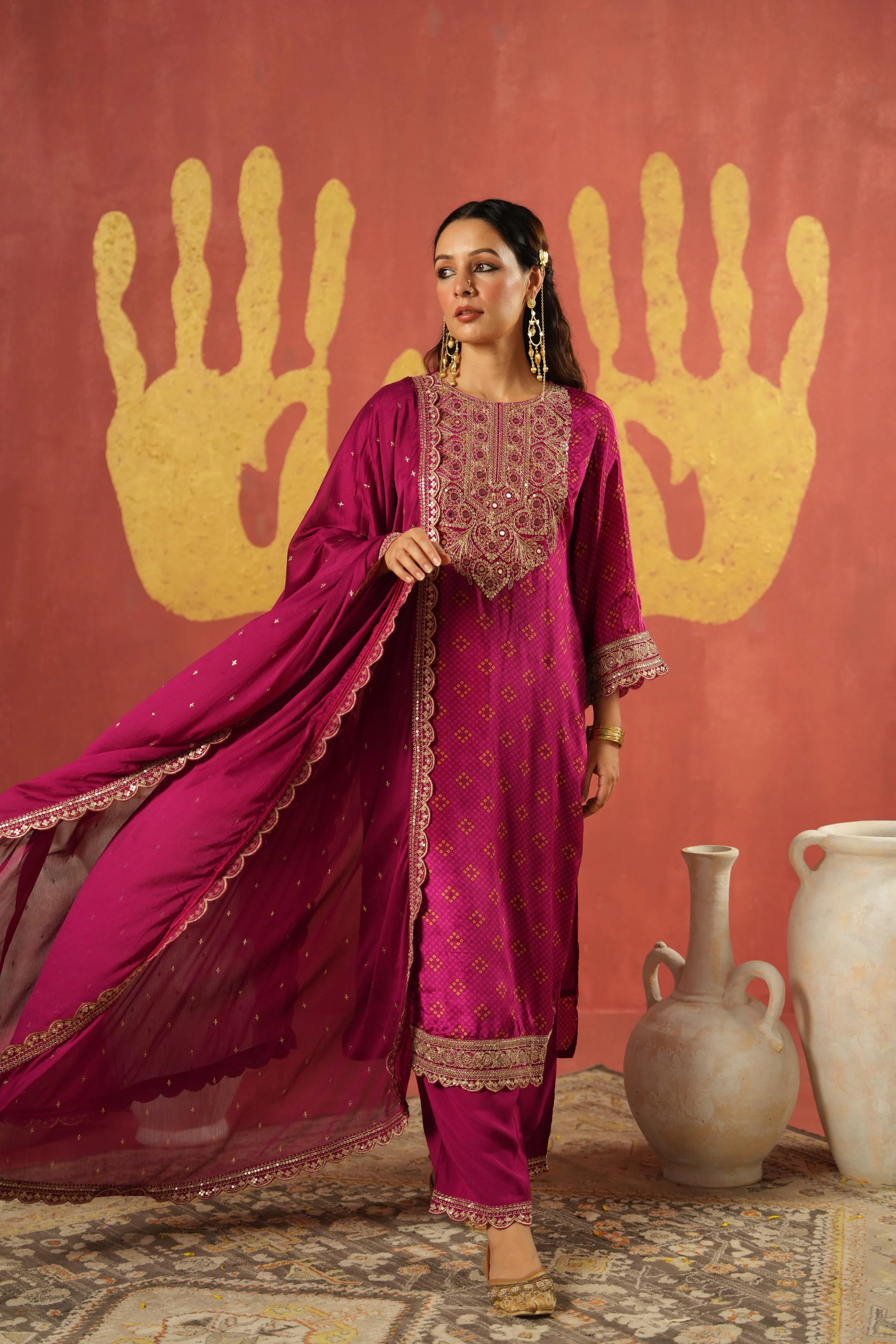 Magenta Pink Embellished Chinon Silk Pant Set - Image 4