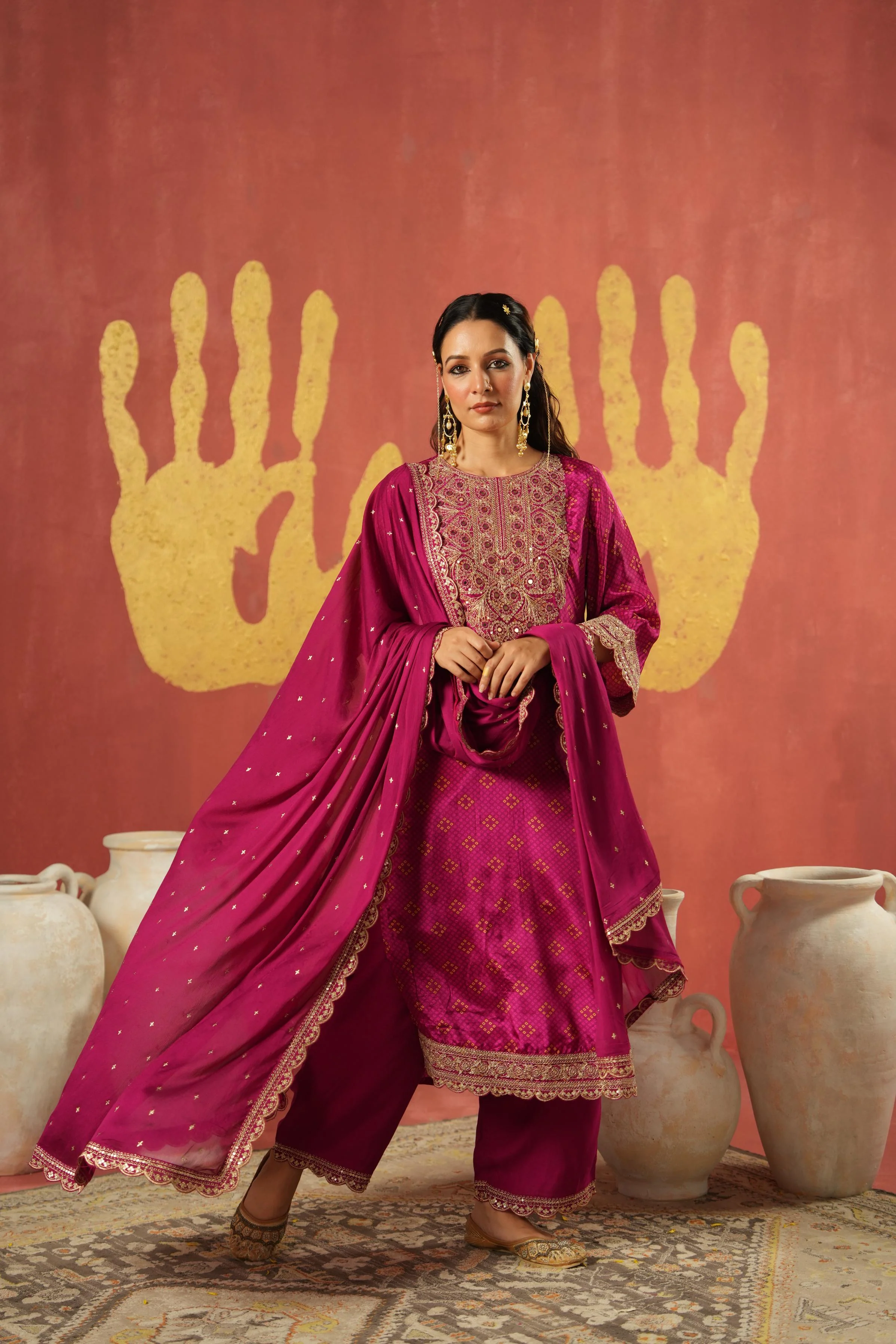 Magenta Pink Embellished Chinon Silk Pant Set - Image 5