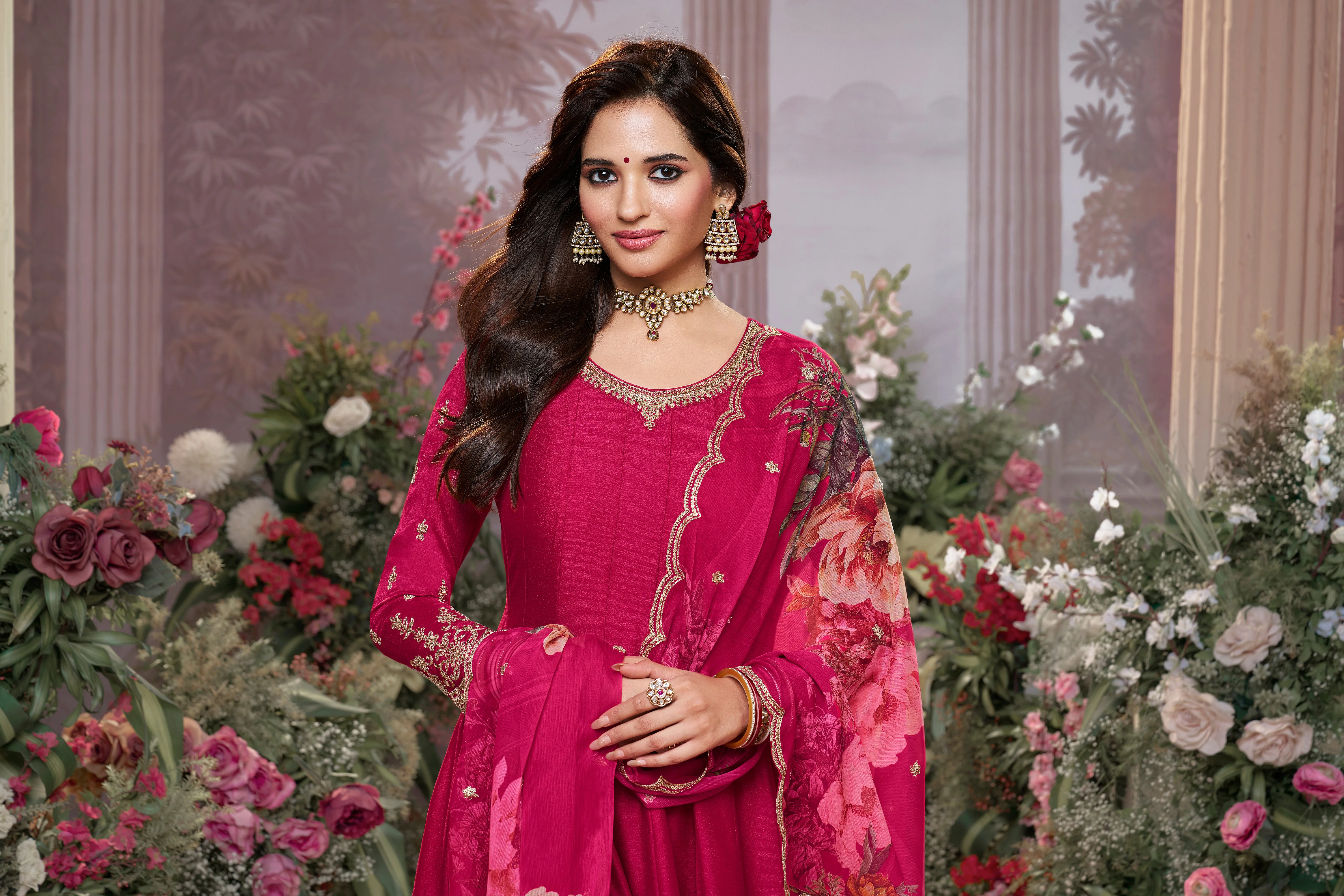 Rani Pink Embellished Raw Silk Anarkali Set - Image 3