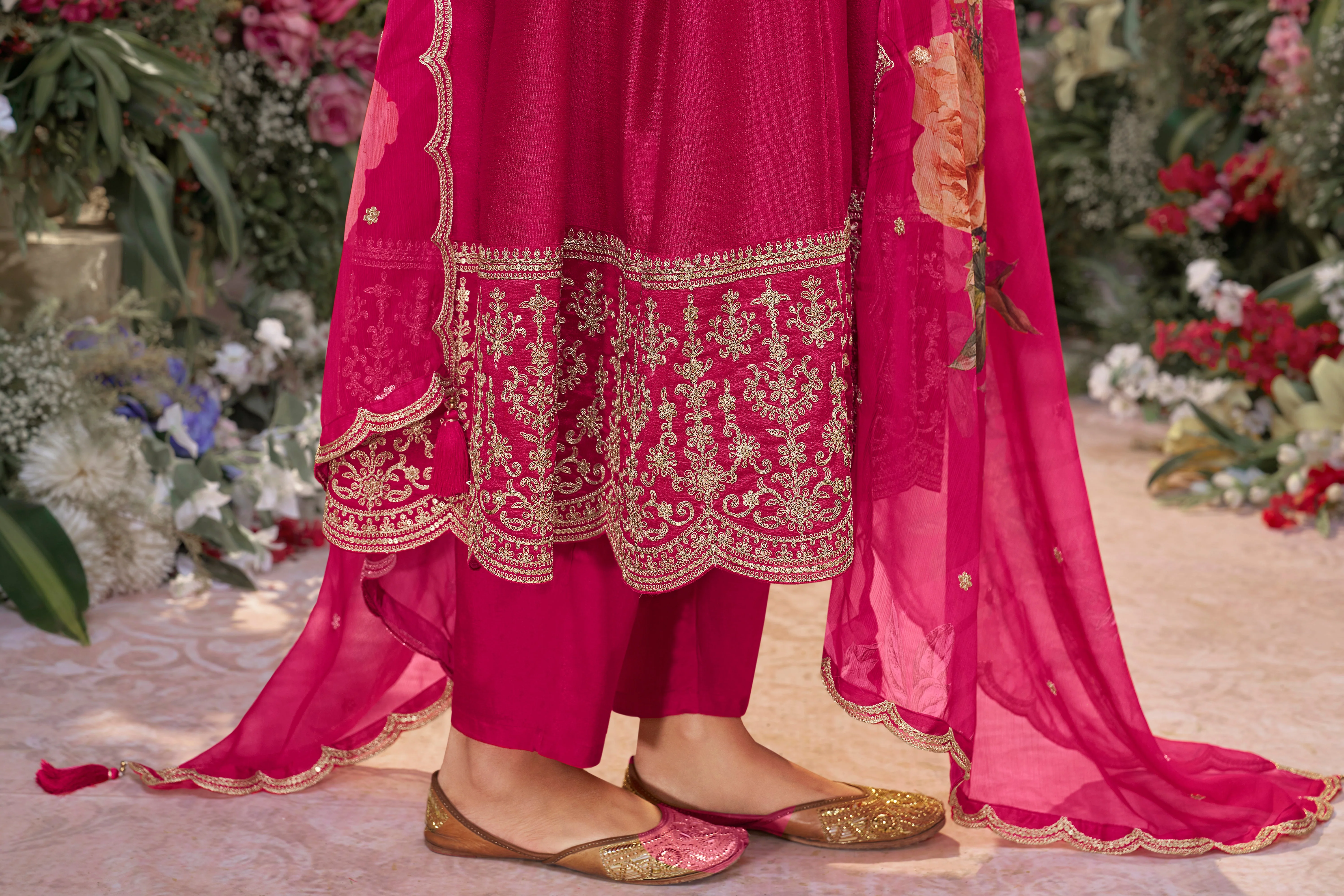 Rani Pink Embellished Raw Silk Anarkali Set - Image 4