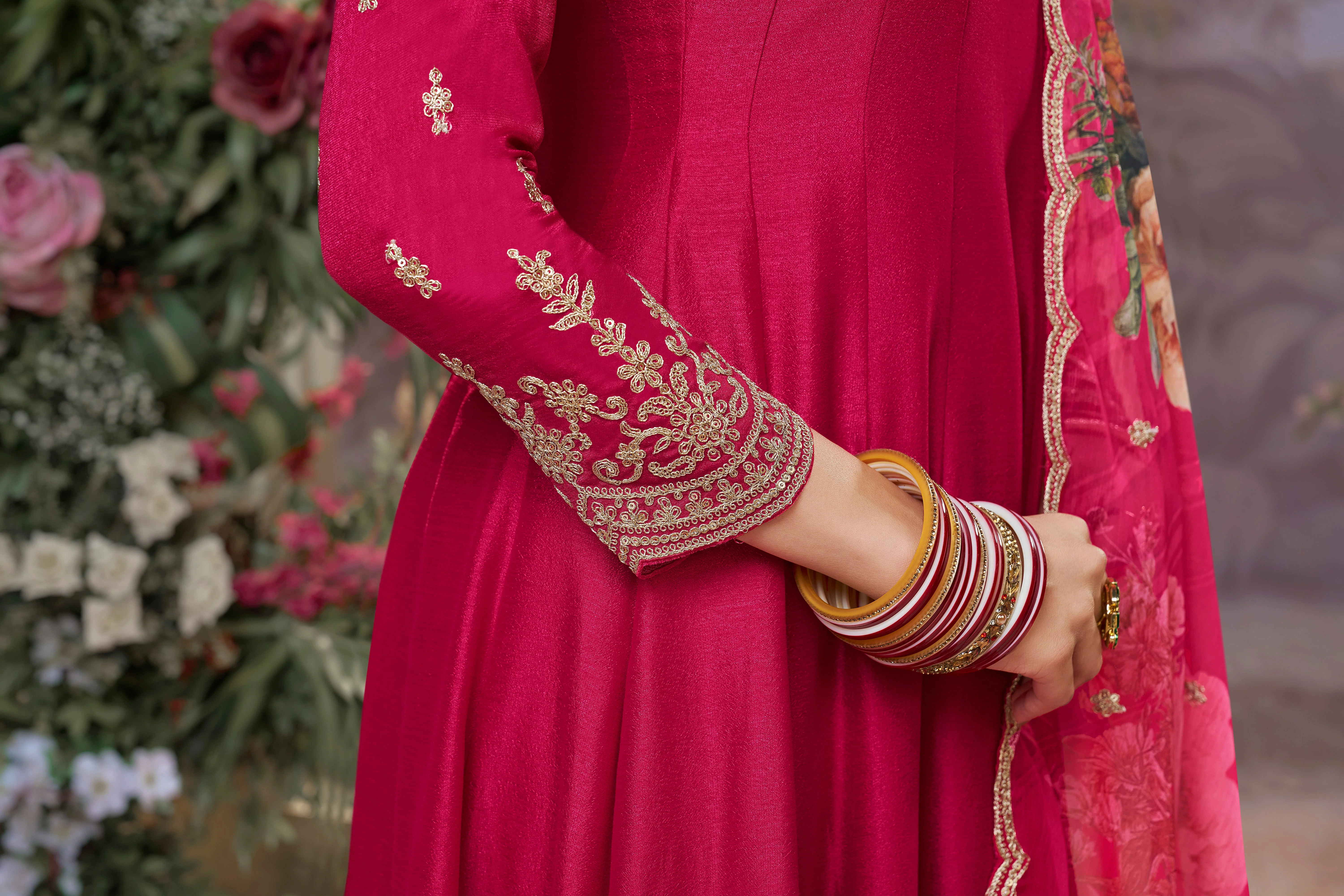 Rani Pink Embellished Raw Silk Anarkali Set - Image 5