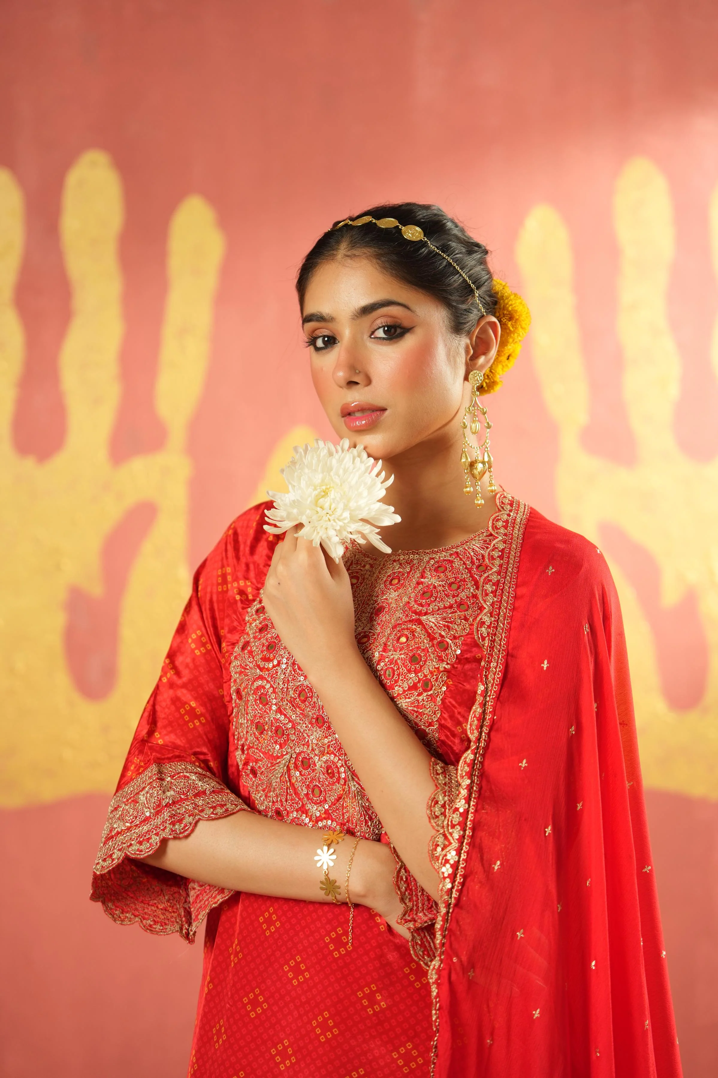 Crimson Red Embellished Chinon Silk Pant Set - Image 2