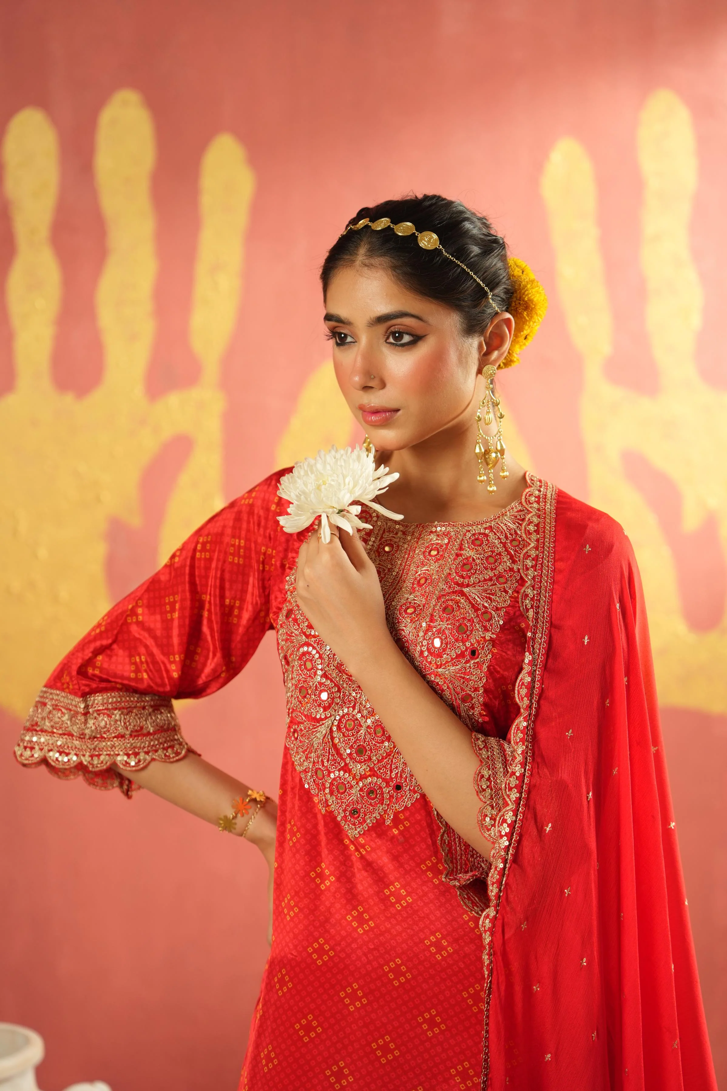 Crimson Red Embellished Chinon Silk Pant Set - Image 3