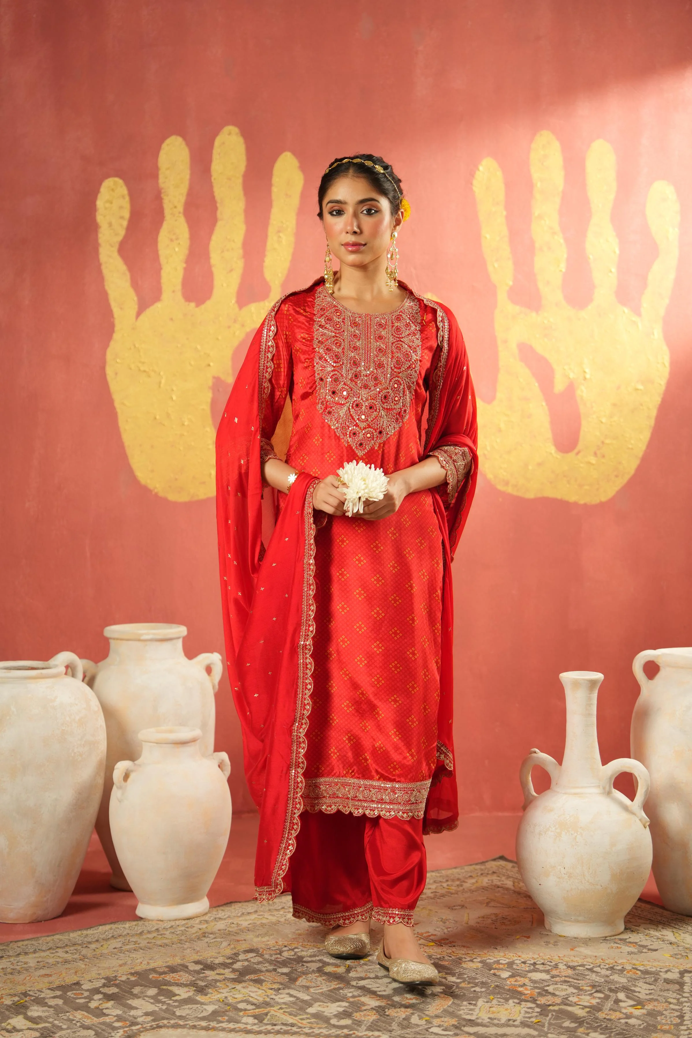Crimson Red Embellished Chinon Silk Pant Set - Image 5