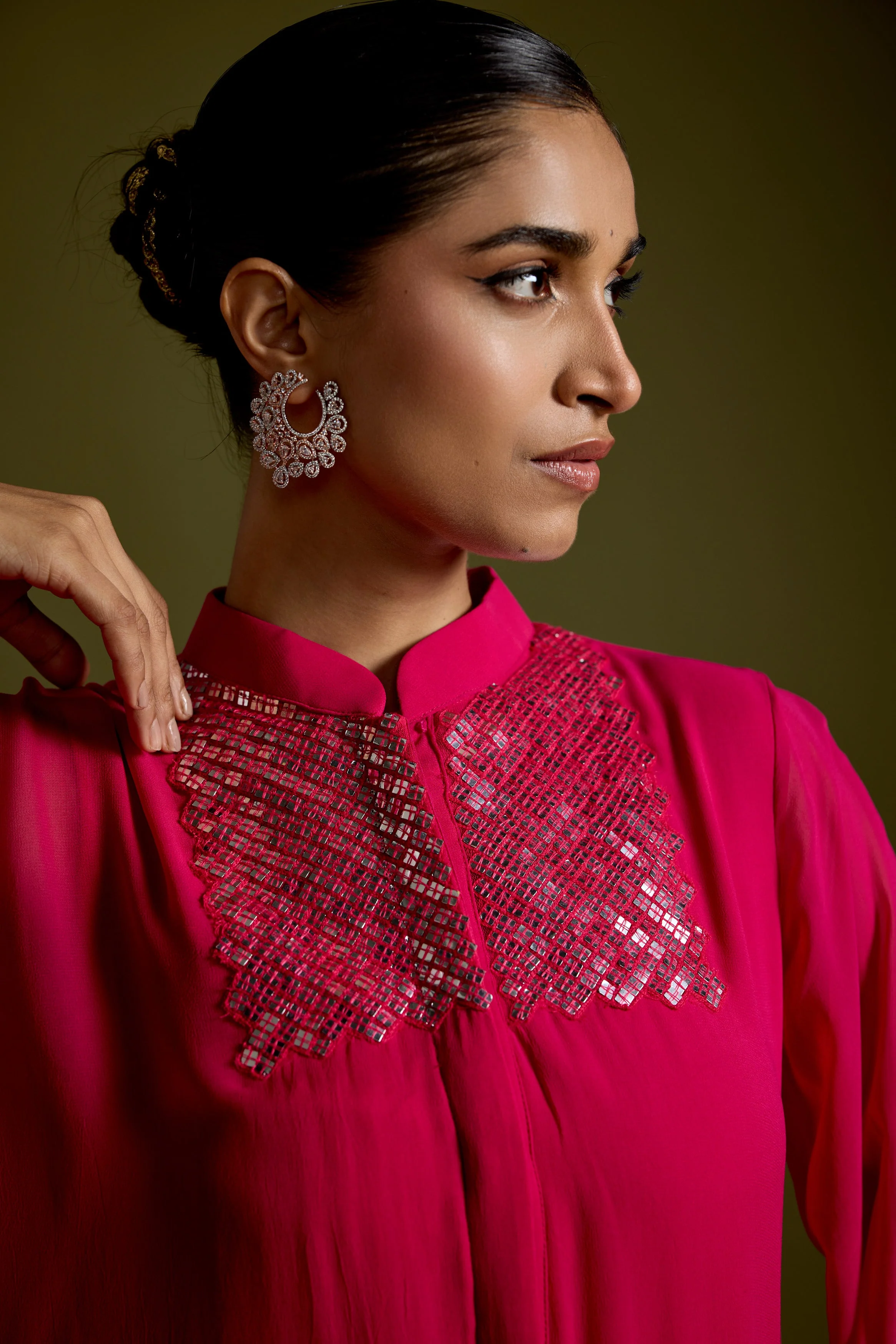 Magenta Pink Embellished Georgette Silk Kaftan Set - Image 2
