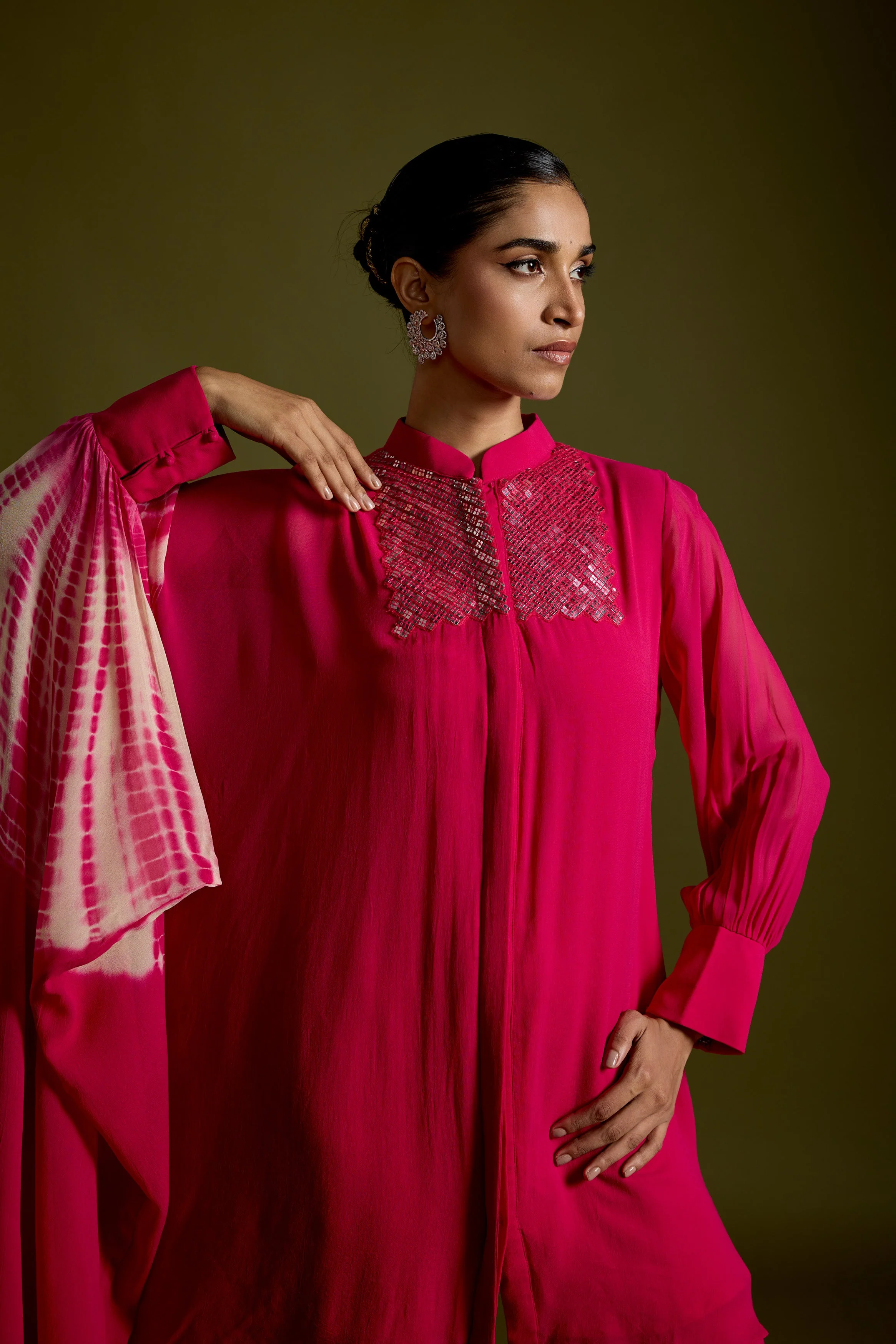 Magenta Pink Embellished Georgette Silk Kaftan Set - Image 3