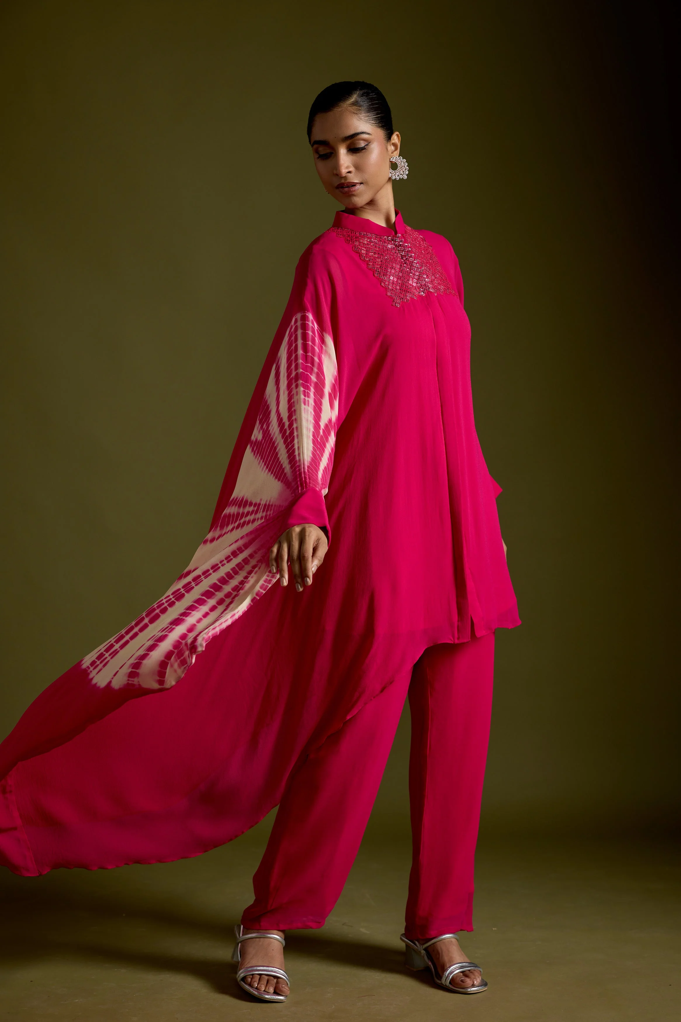 Magenta Pink Embellished Georgette Silk Kaftan Set - Image 4