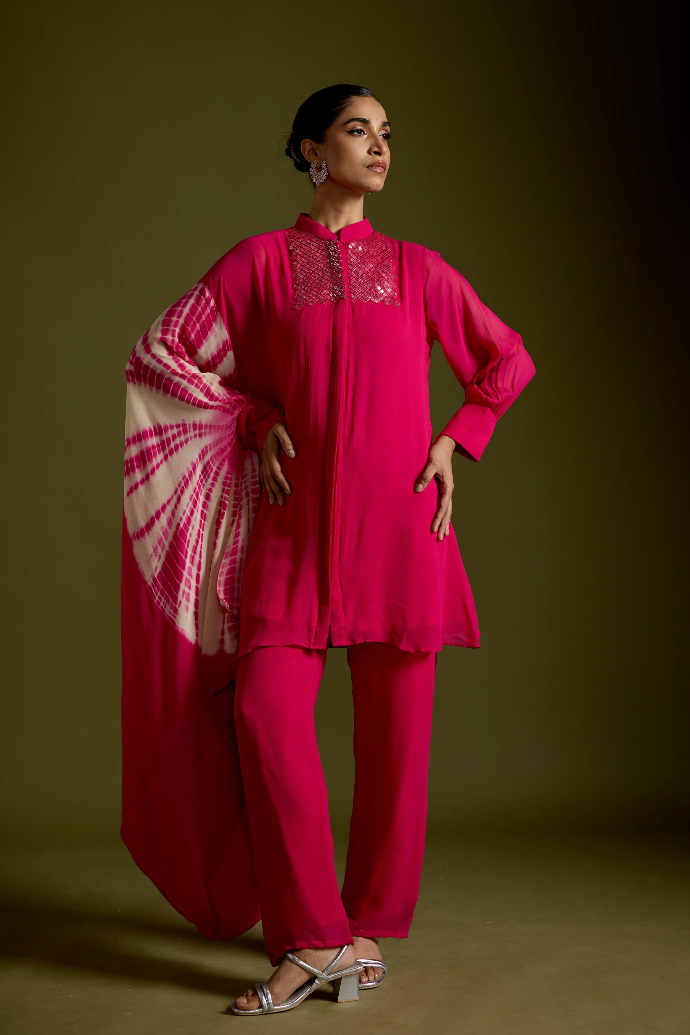 Magenta Pink Embellished Georgette Silk Kaftan Set - Image 5
