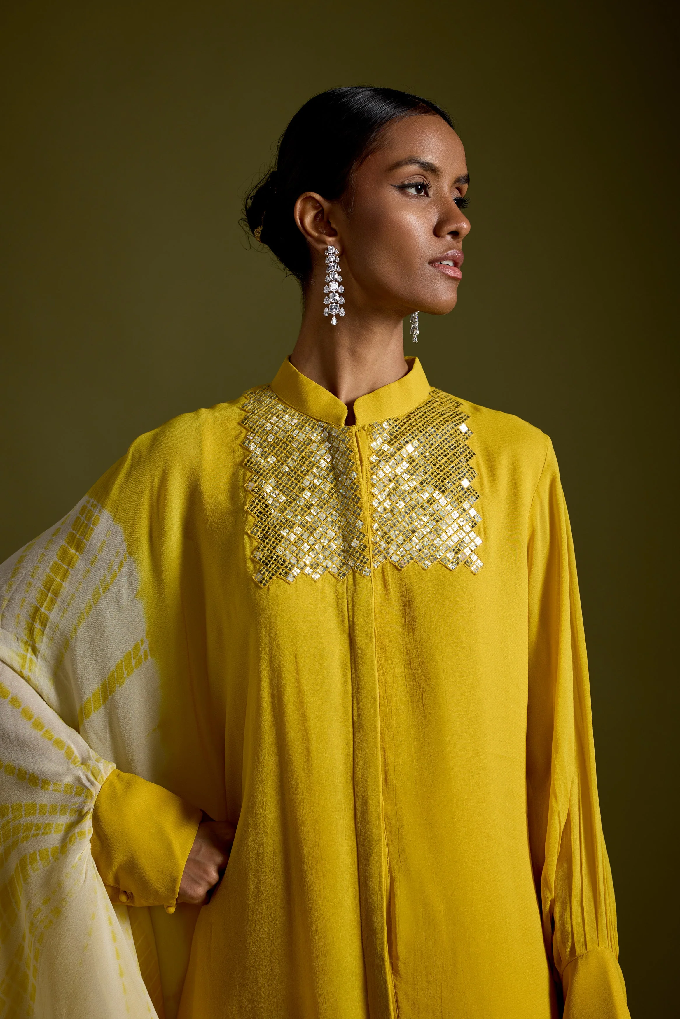 Warm Yellow Embellished Georgette Silk Kaftan Set - Image 2