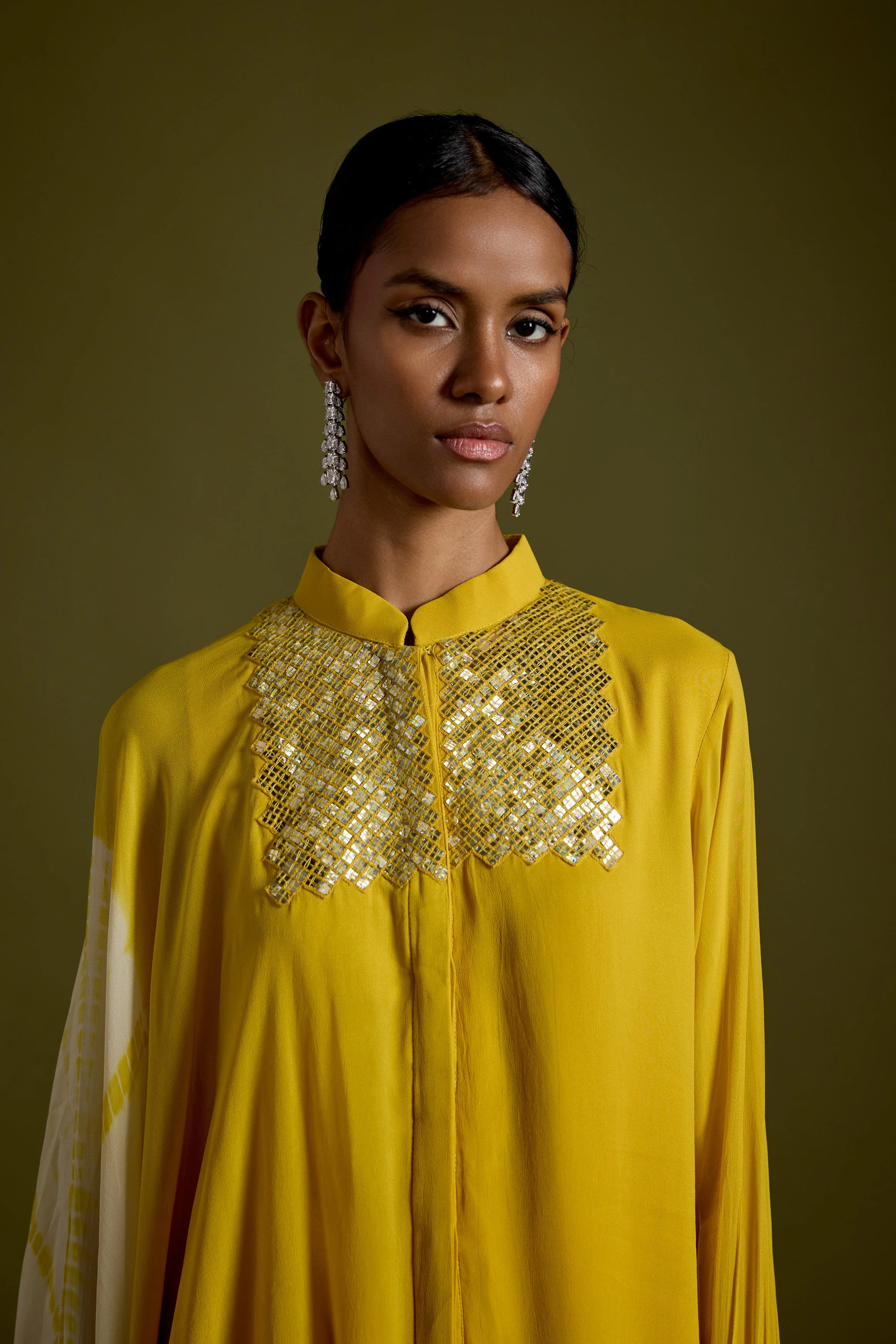 Warm Yellow Embellished Georgette Silk Kaftan Set - Image 3