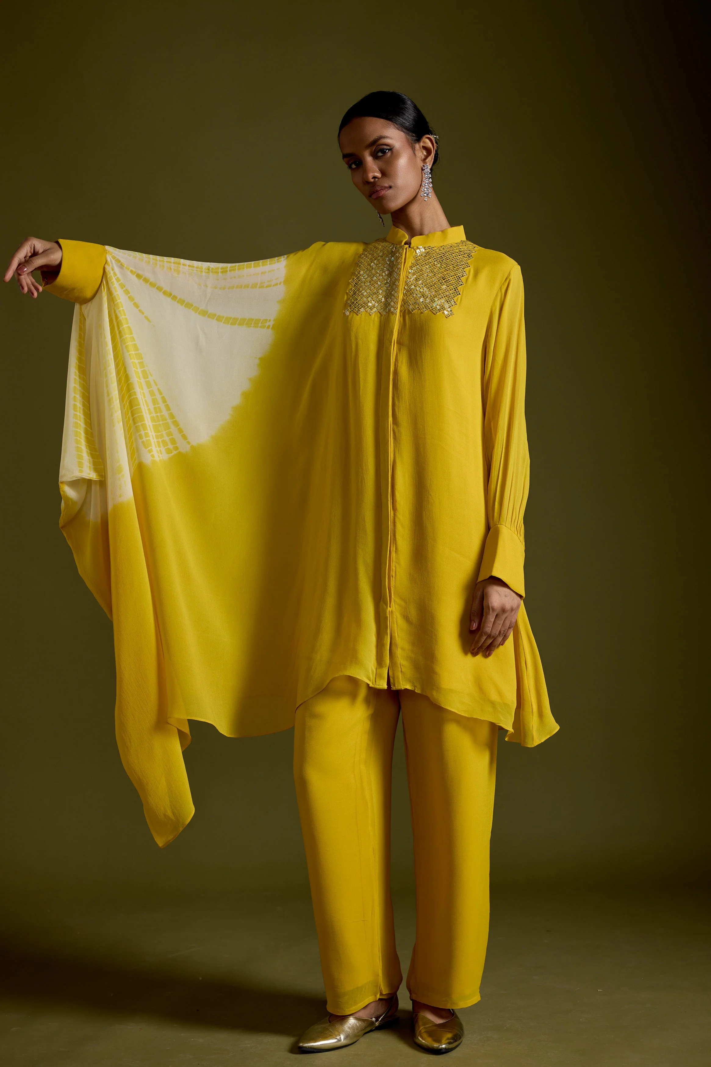 Warm Yellow Embellished Georgette Silk Kaftan Set - Image 4