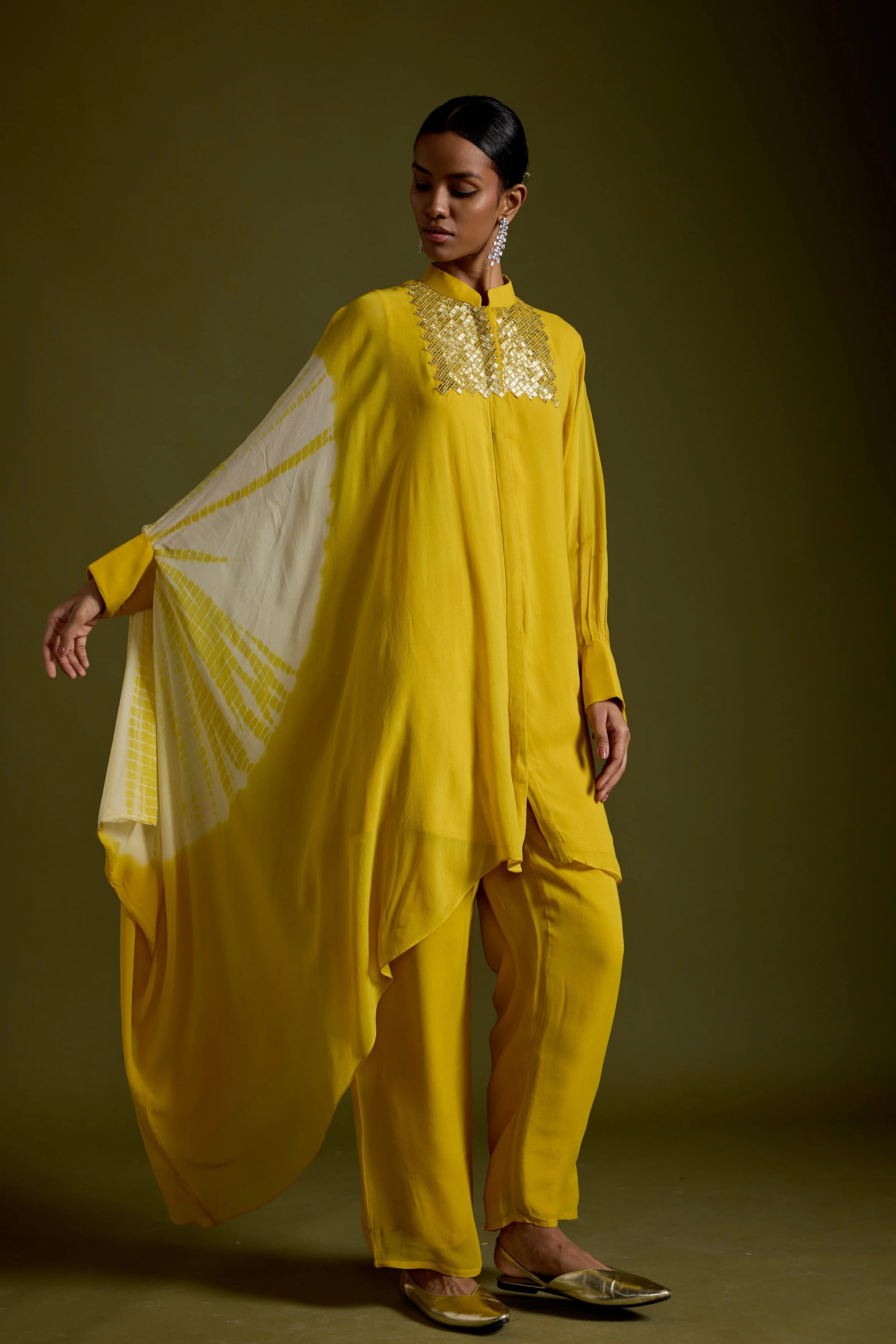 Warm Yellow Embellished Georgette Silk Kaftan Set - Image 5