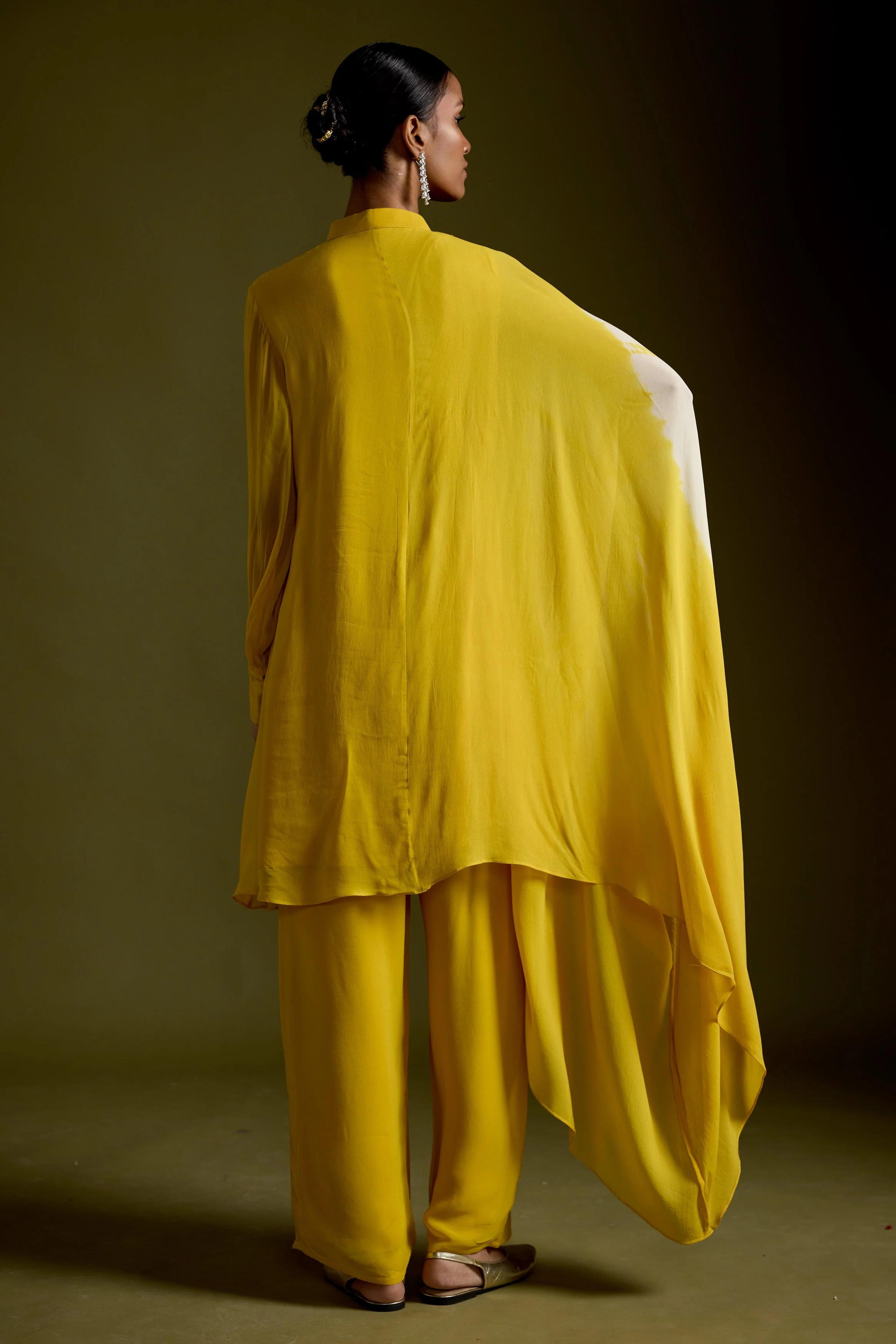 Warm Yellow Embellished Georgette Silk Kaftan Set - Image 6