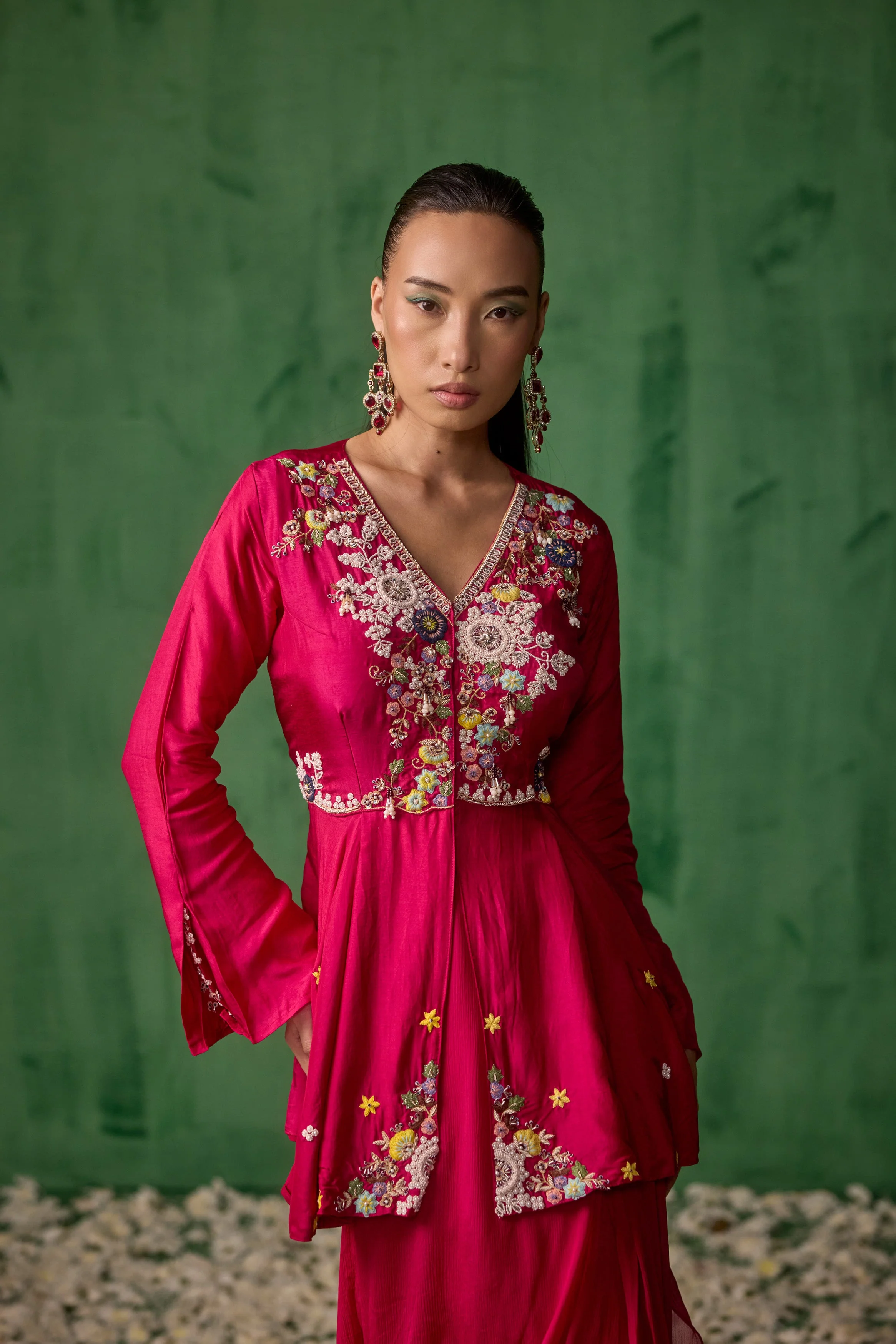 Magenta Pink Embellished Premium Silk Skirt Set - Image 3