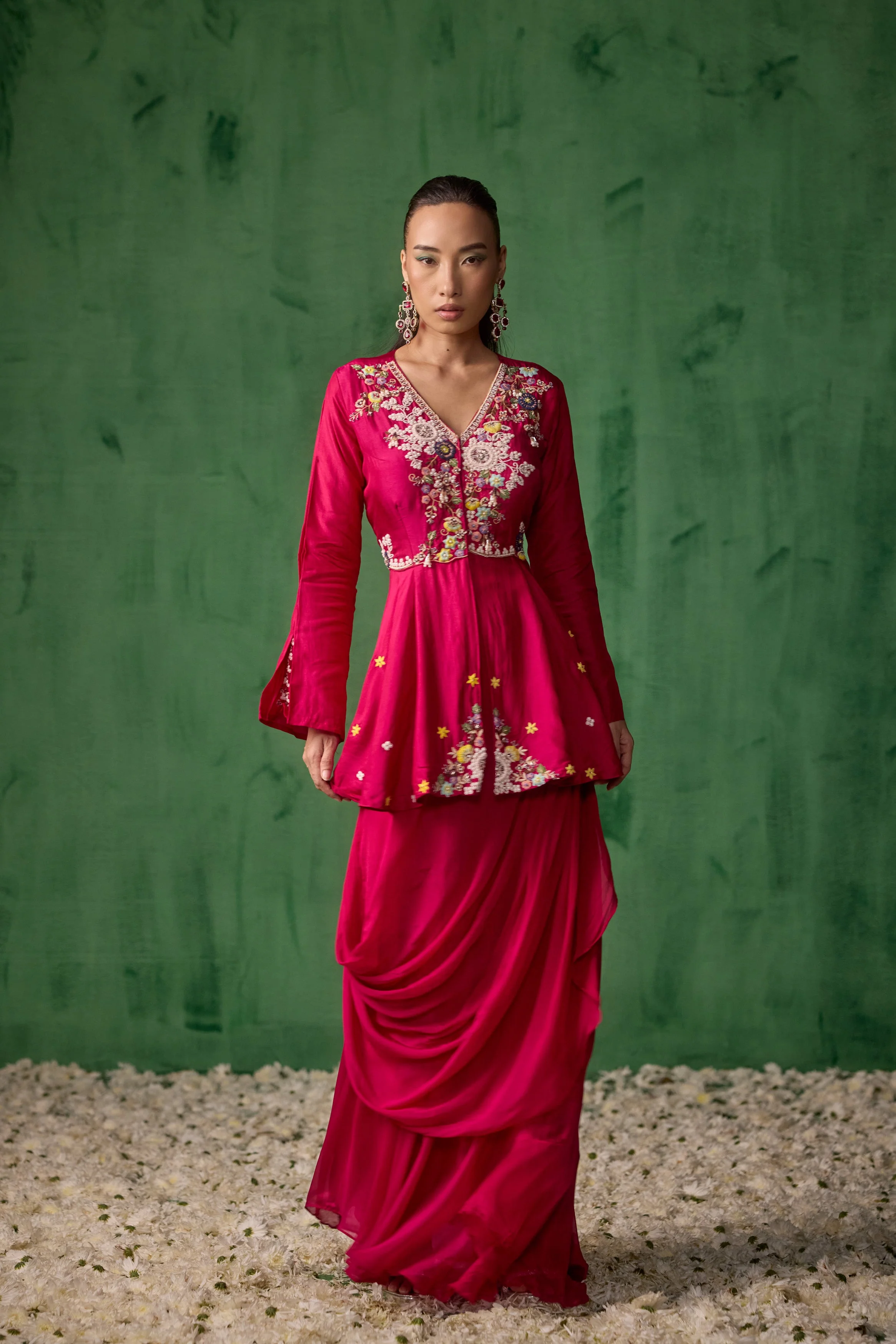 Magenta Pink Embellished Premium Silk Skirt Set - Image 4