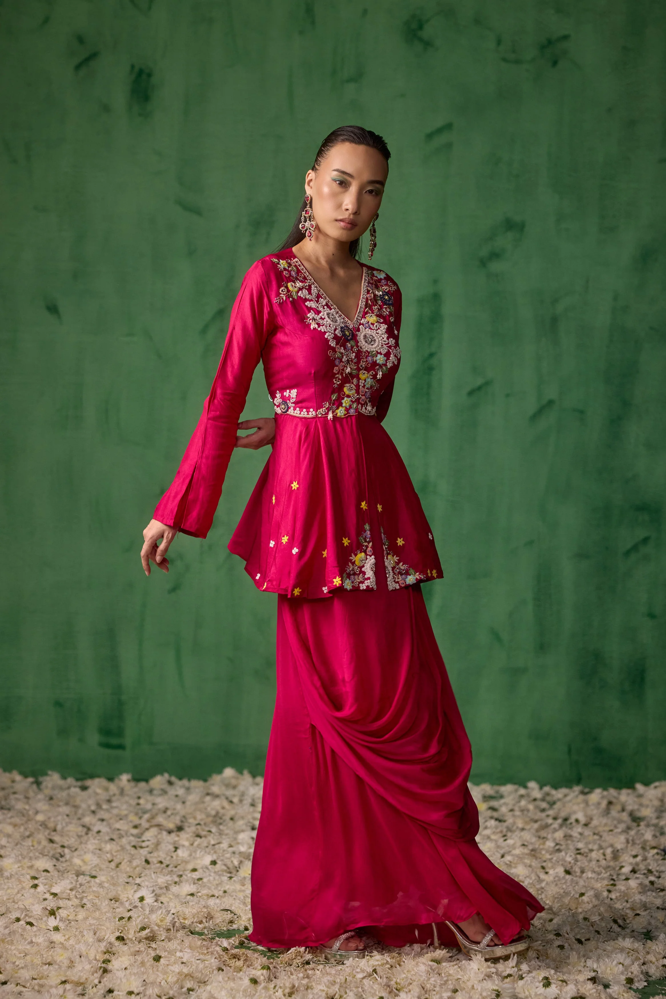 Magenta Pink Embellished Premium Silk Skirt Set - Image 5