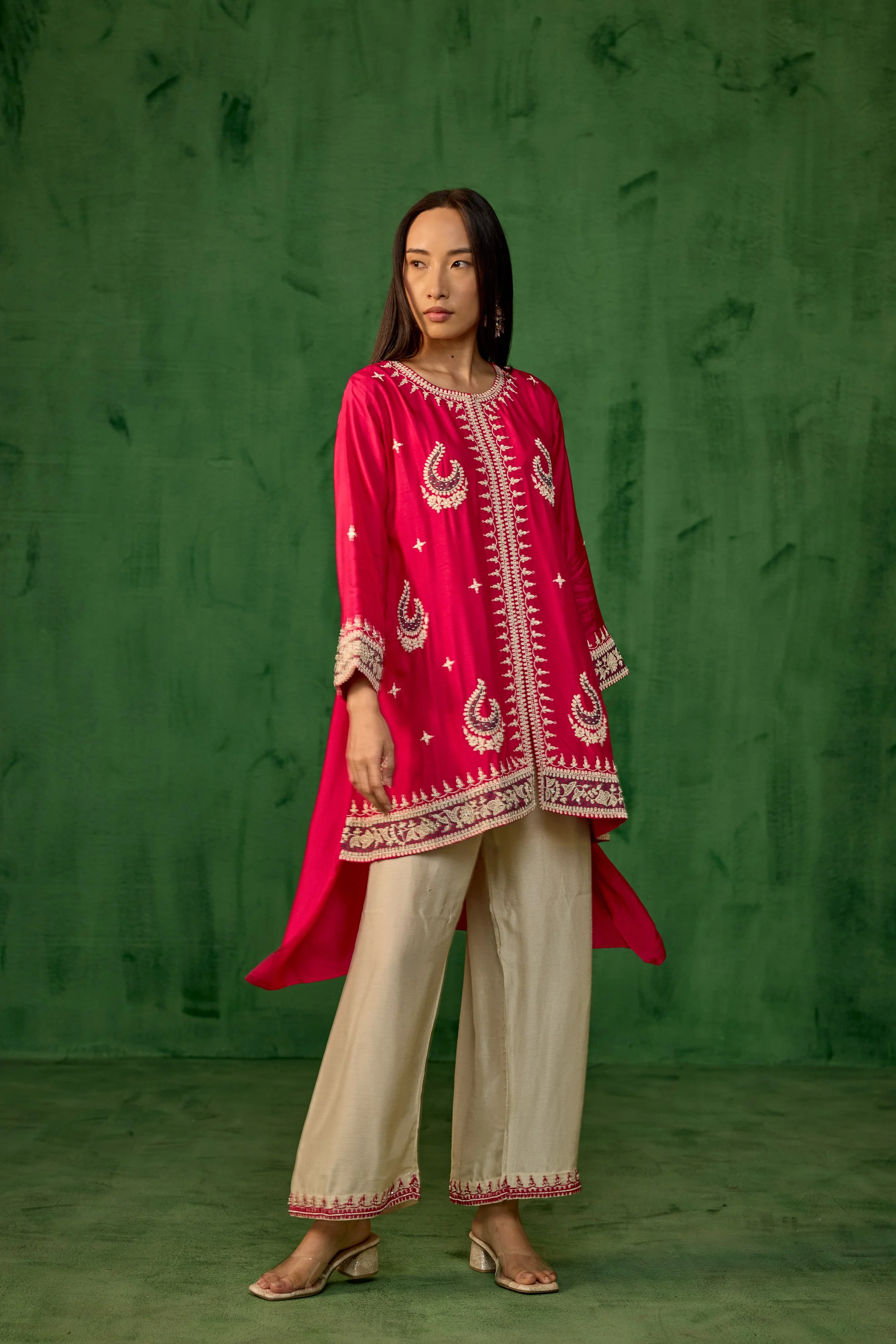 Magenta Pink Embellished Raw Silk Palazzo Set - Image 2