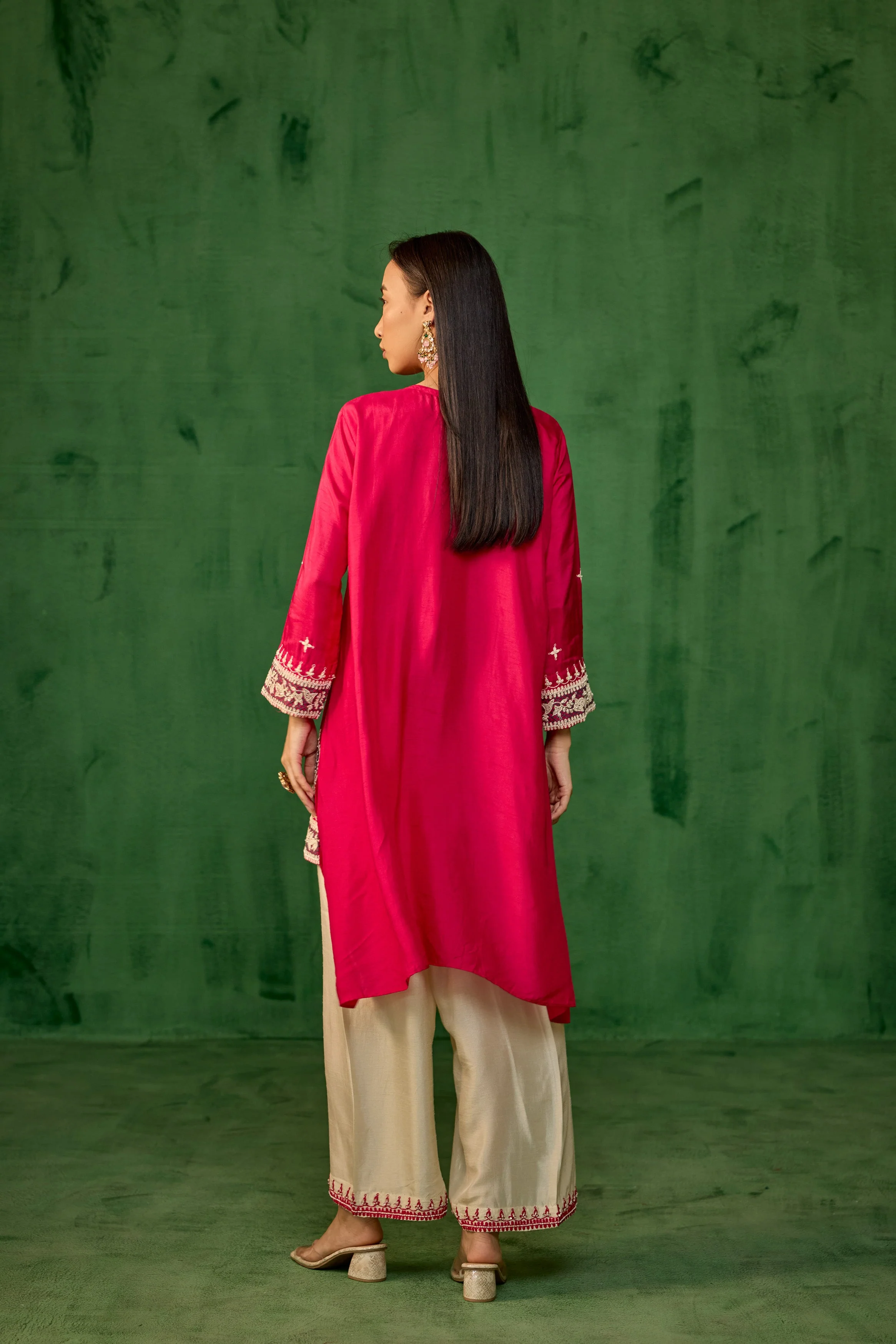 Magenta Pink Embellished Raw Silk Palazzo Set - Image 3