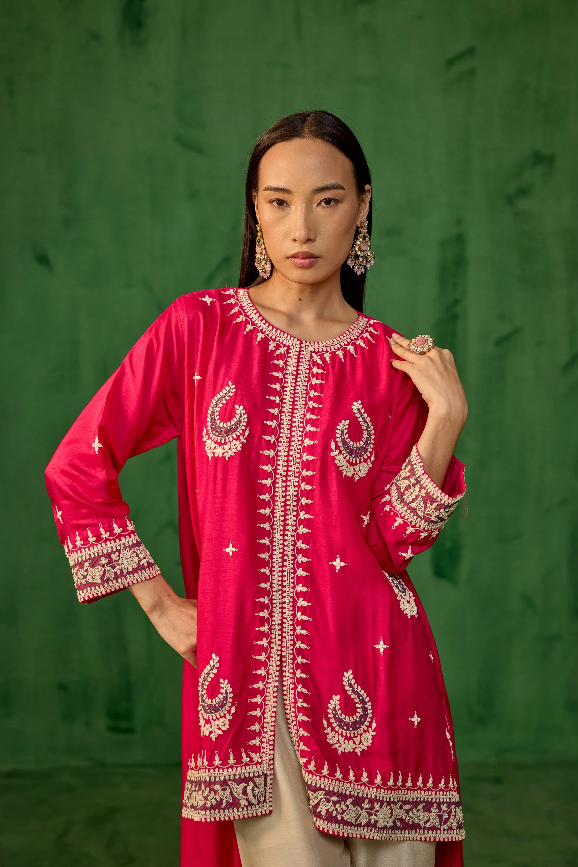 Magenta Pink Embellished Raw Silk Palazzo Set - Image 4