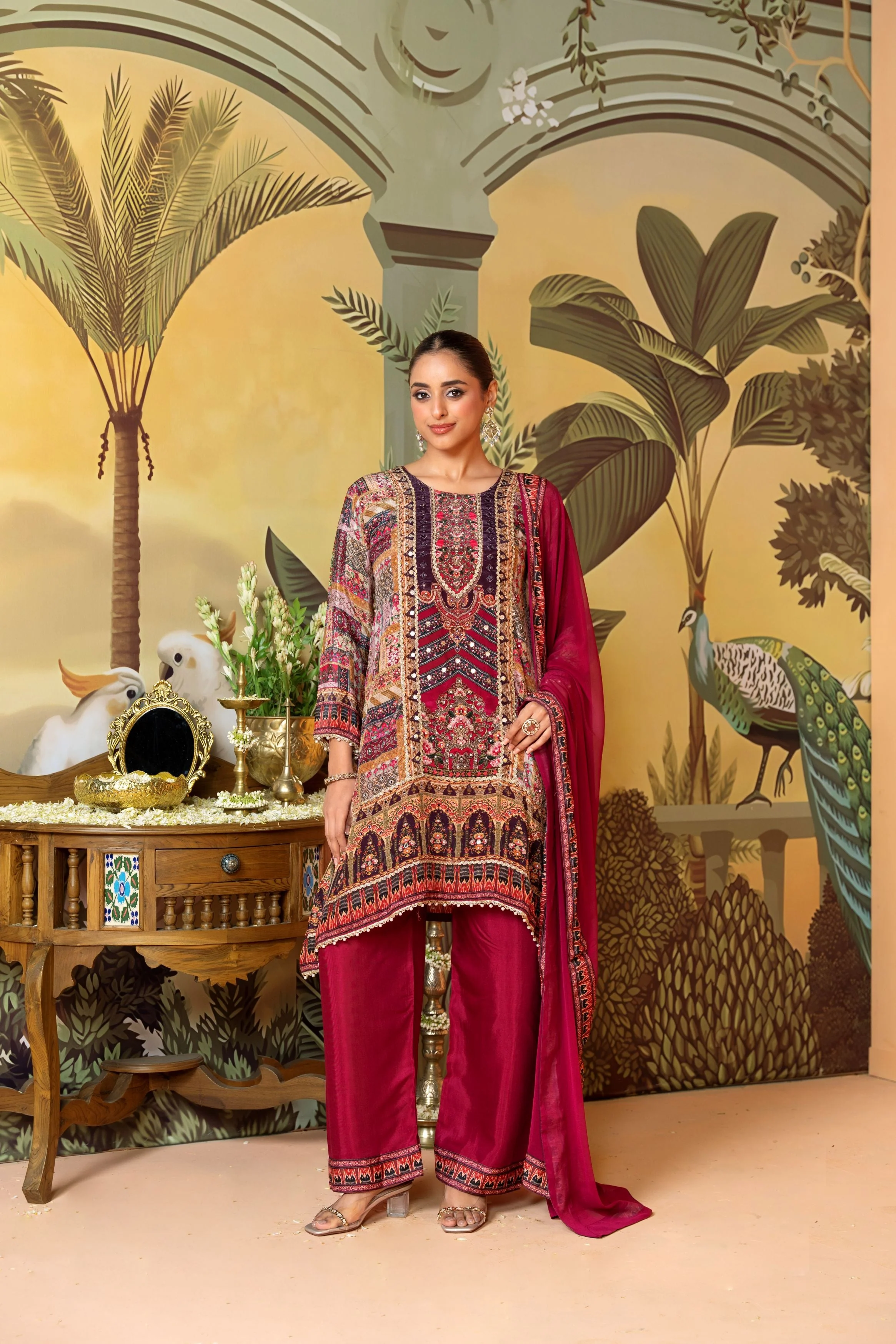 Magenta Pink Embellished Satin Silk Palazzo Set - Image 3