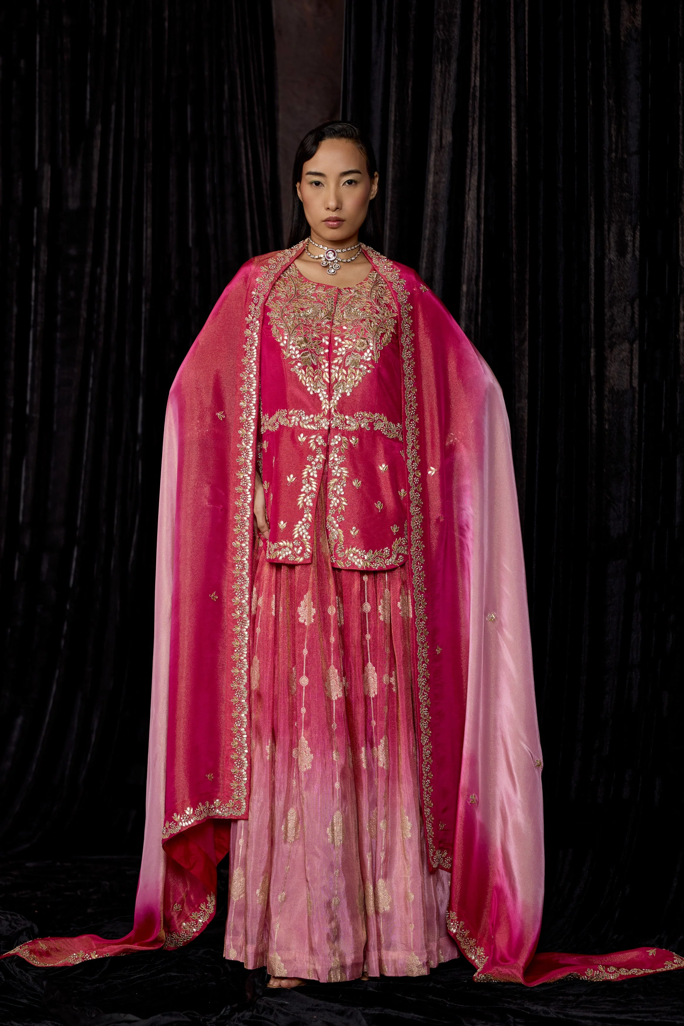 Magenta Pink Embellished Shimmer Tissue Silk Skirt Set