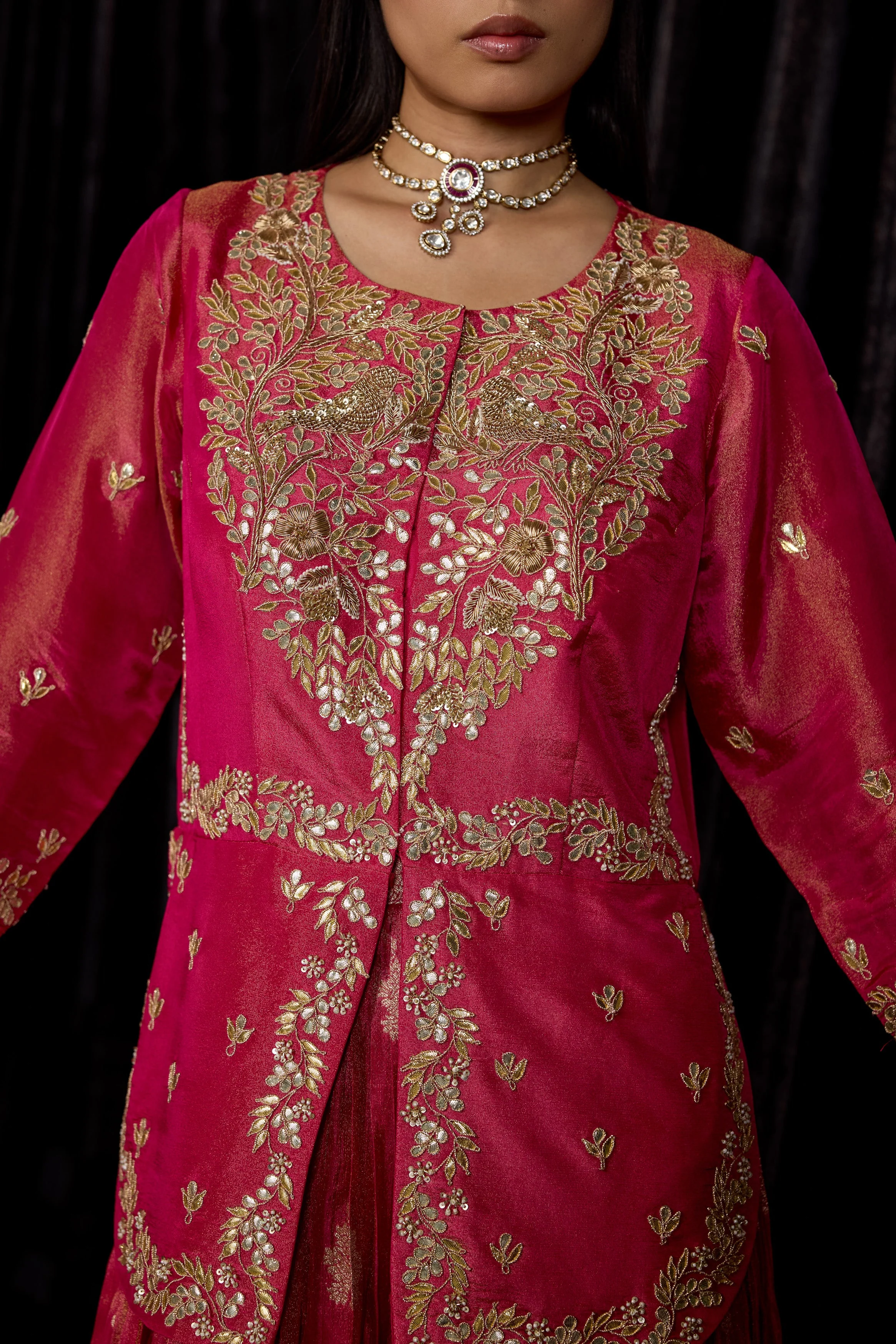 Magenta Pink Embellished Shimmer Tissue Silk Skirt Set - Image 2