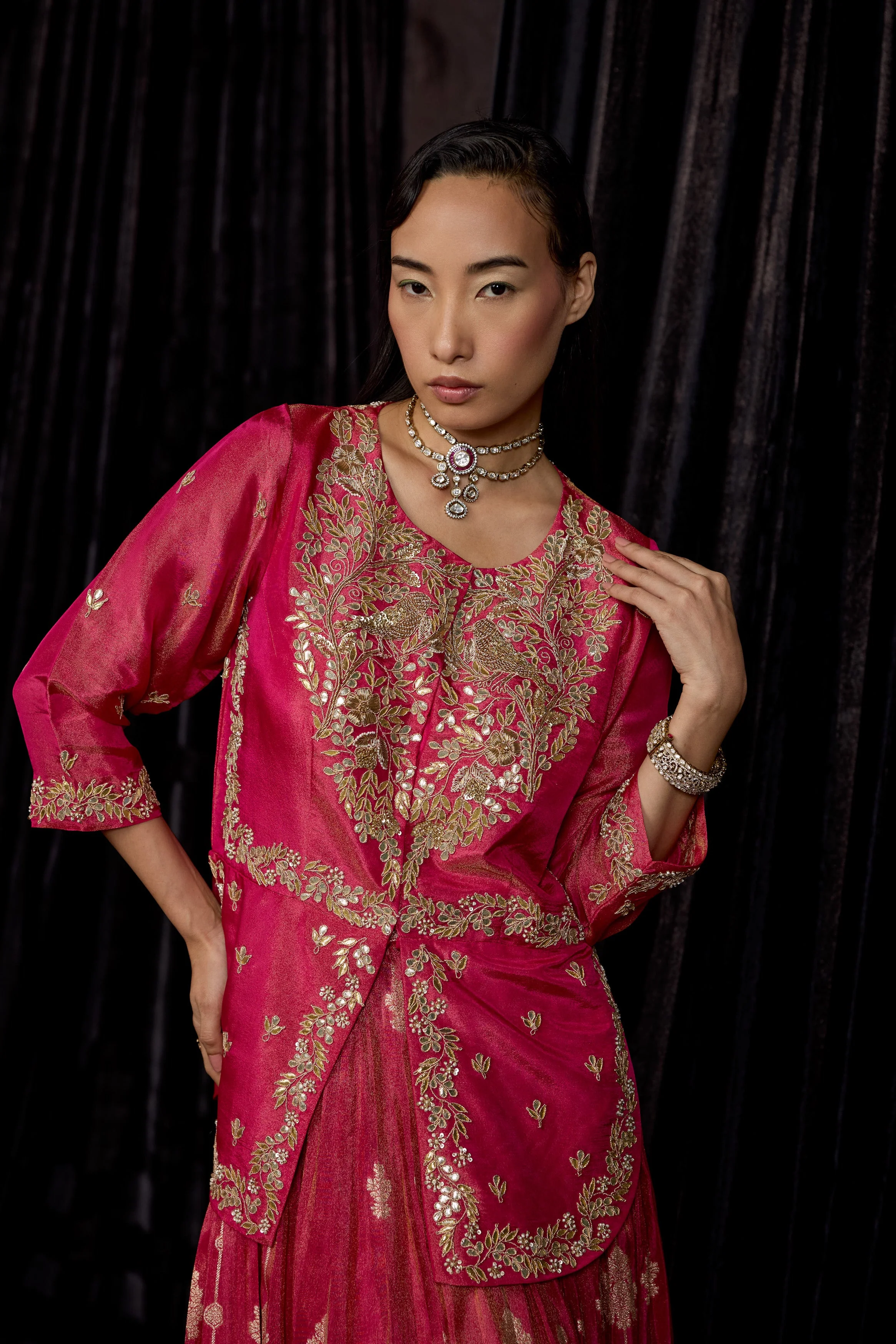 Magenta Pink Embellished Shimmer Tissue Silk Skirt Set - Image 3
