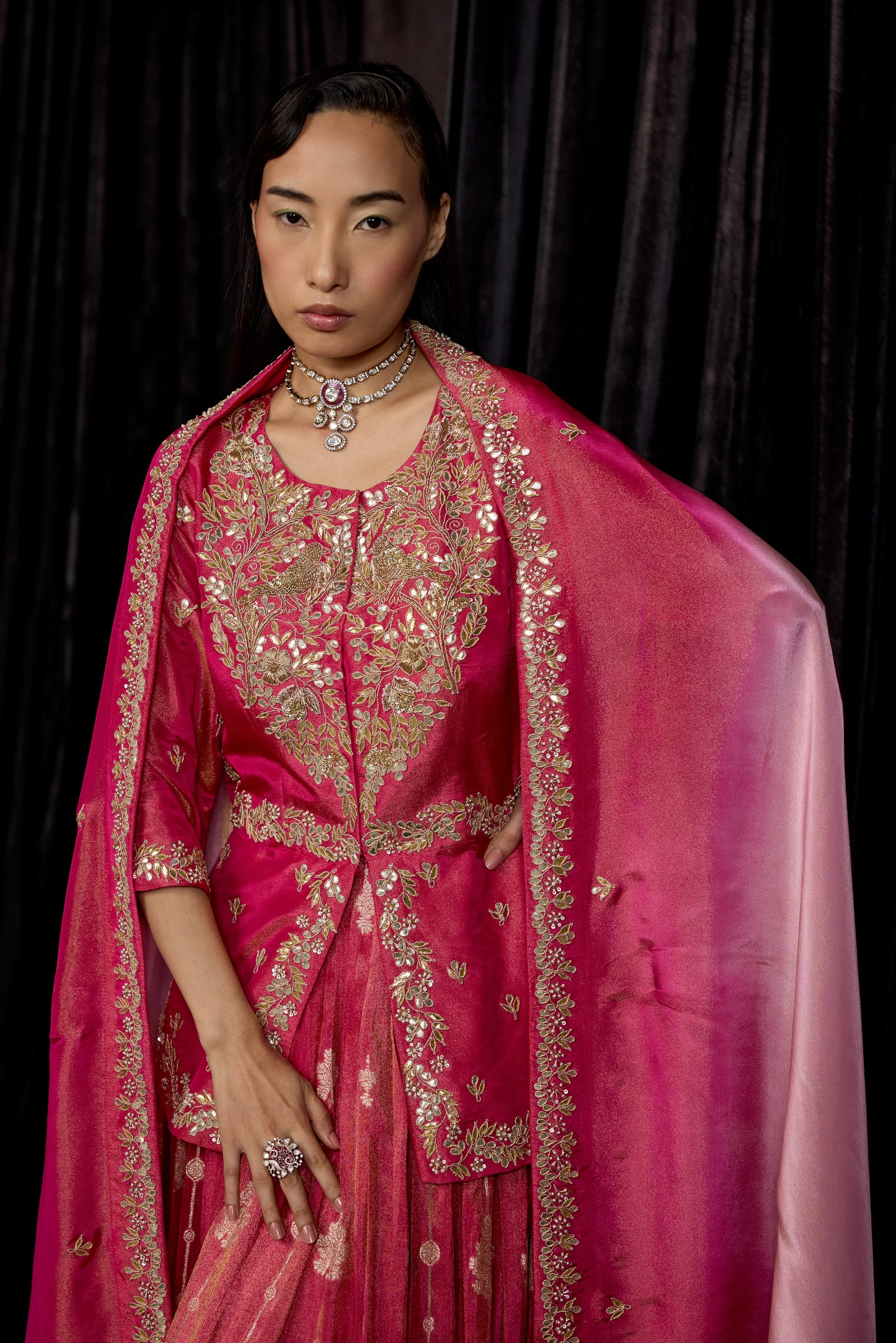 Magenta Pink Embellished Shimmer Tissue Silk Skirt Set - Image 4