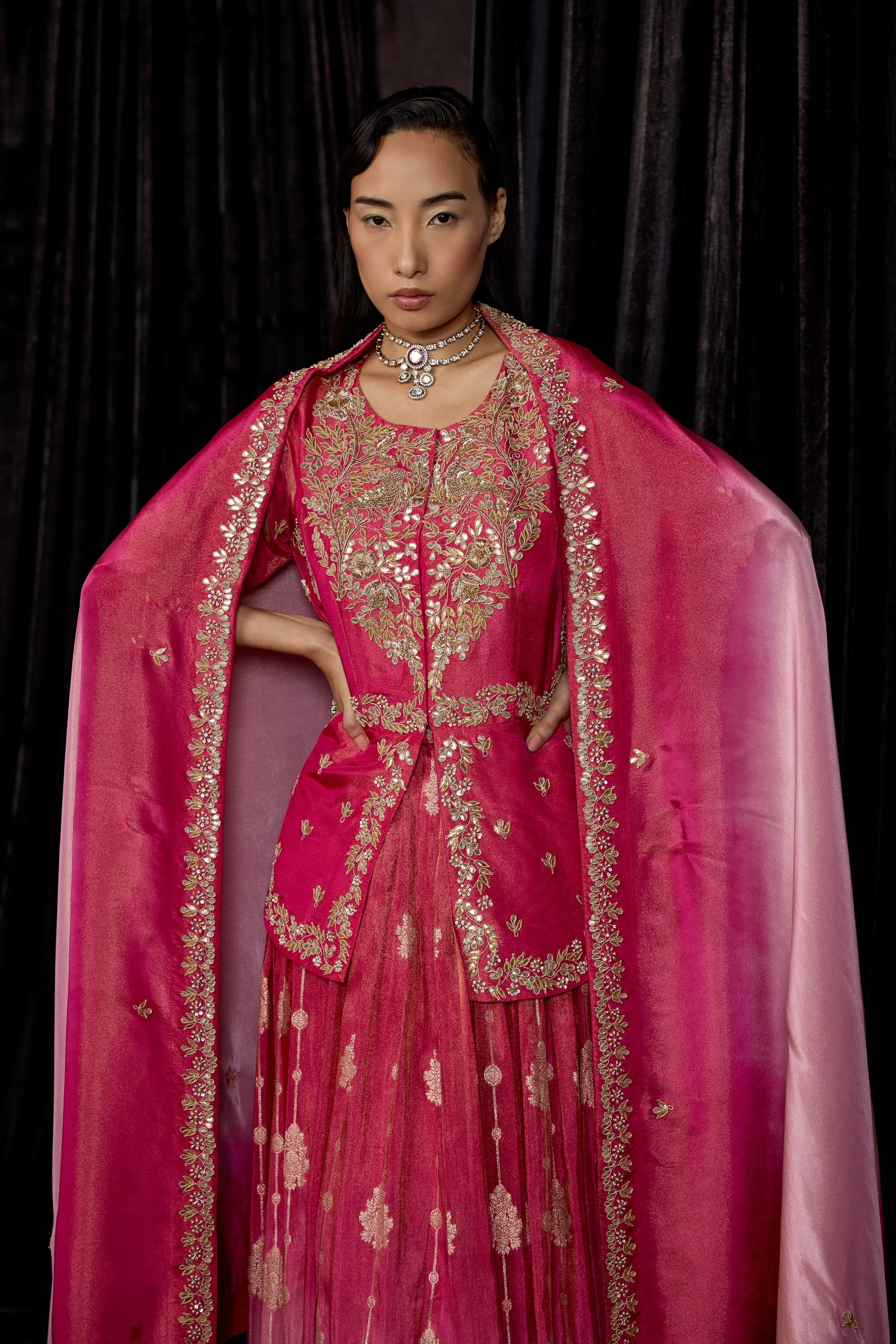 Magenta Pink Embellished Shimmer Tissue Silk Skirt Set - Image 5