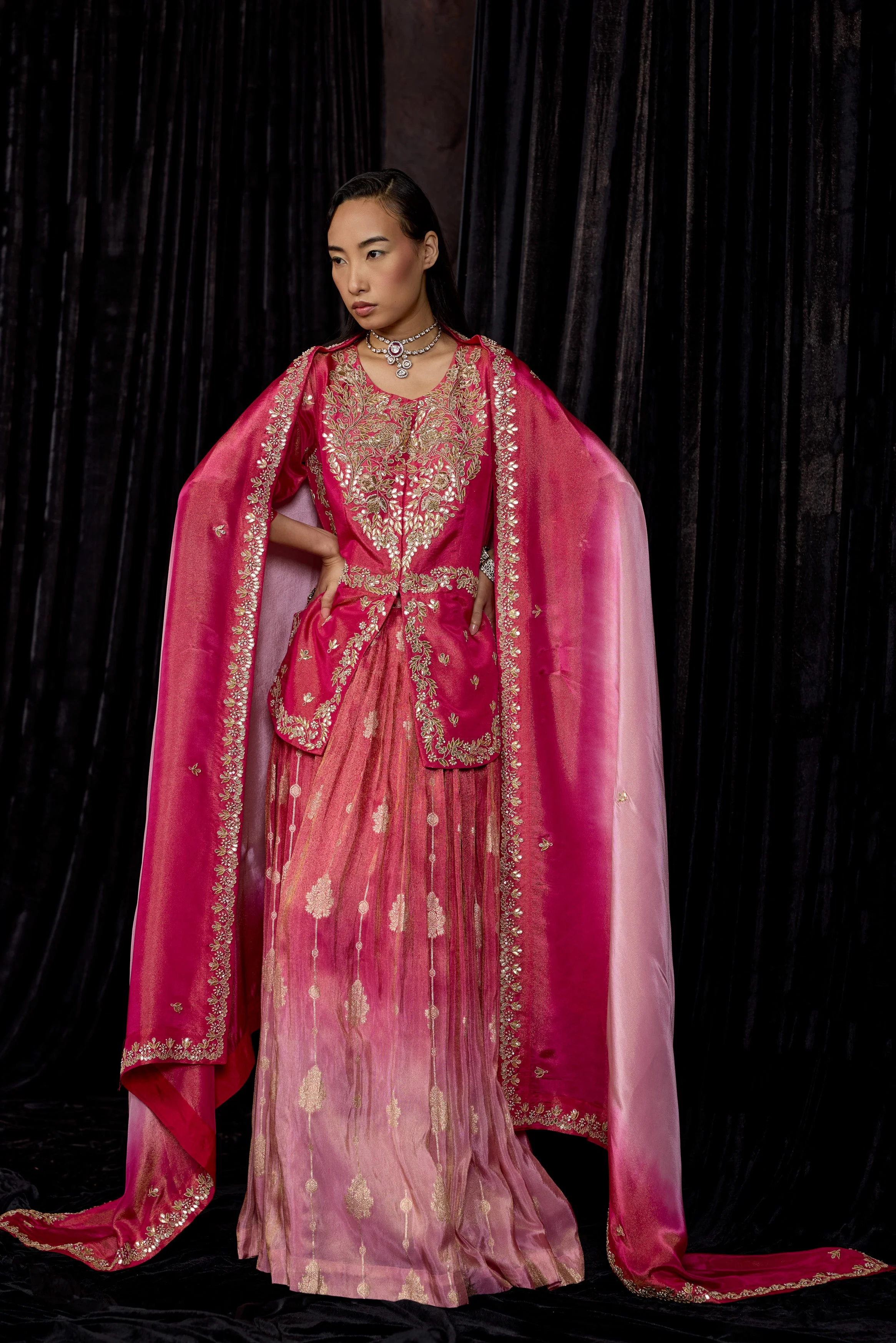 Magenta Pink Embellished Shimmer Tissue Silk Skirt Set - Image 6