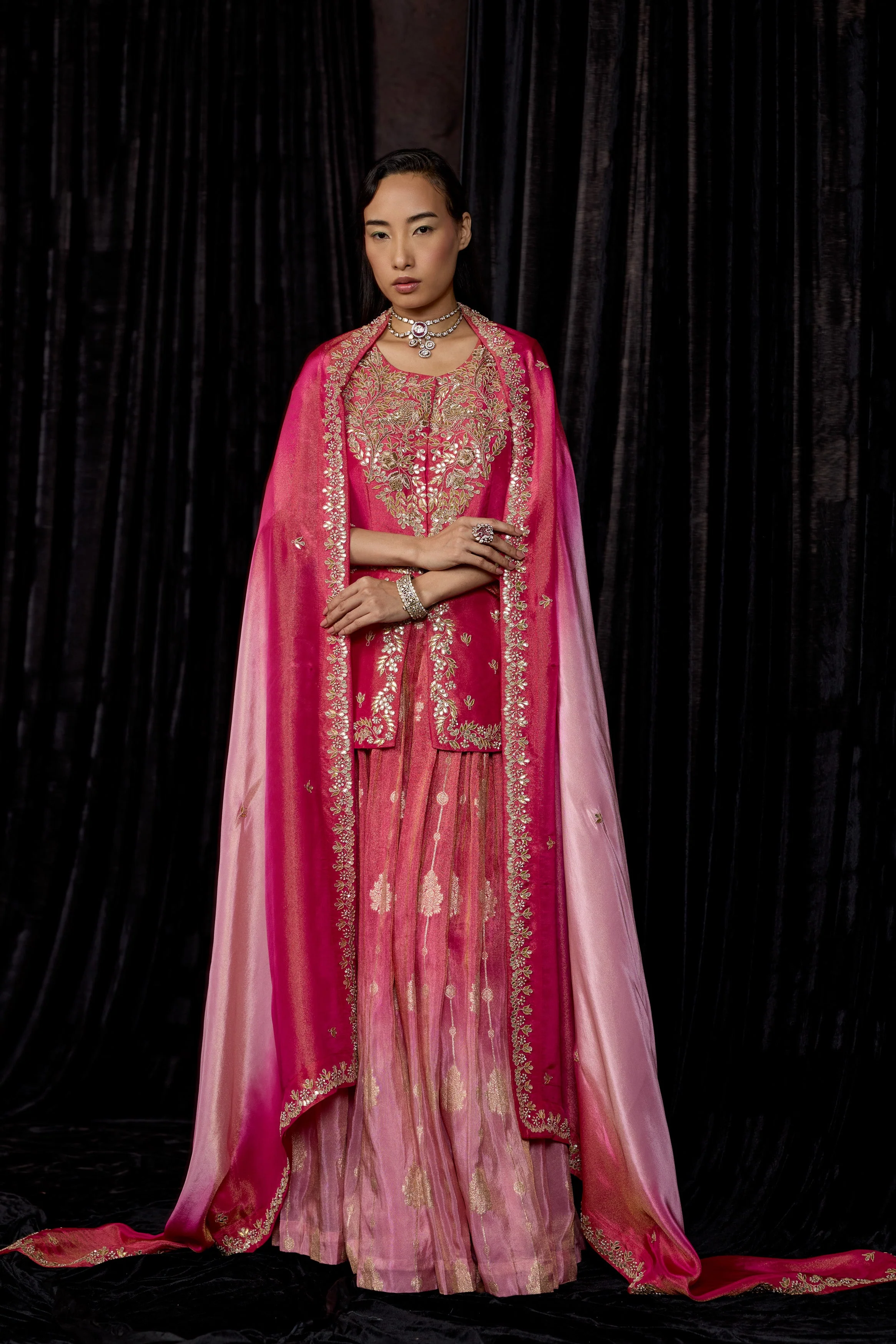 Magenta Pink Embellished Shimmer Tissue Silk Skirt Set - Image 7