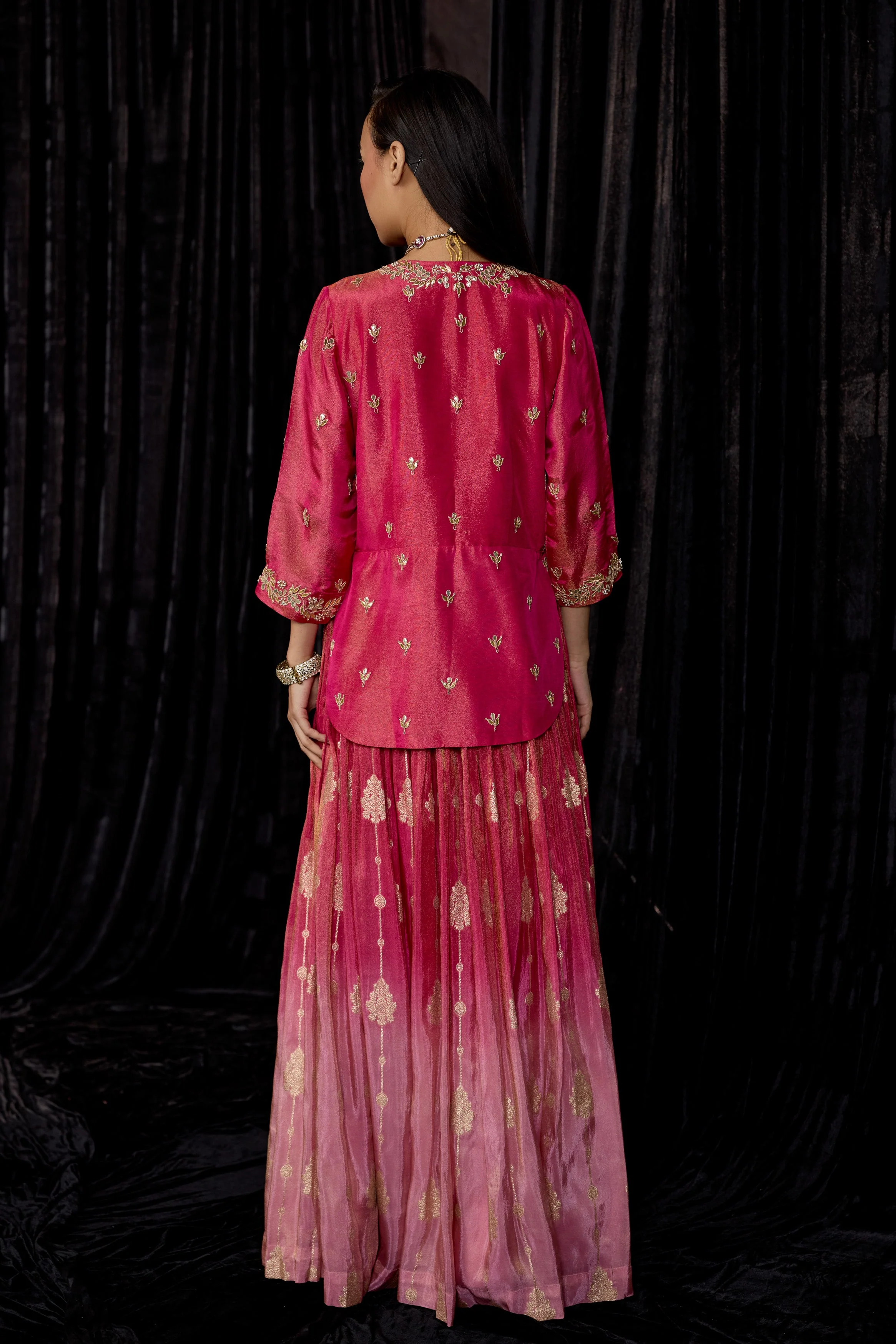 Magenta Pink Embellished Shimmer Tissue Silk Skirt Set - Image 8