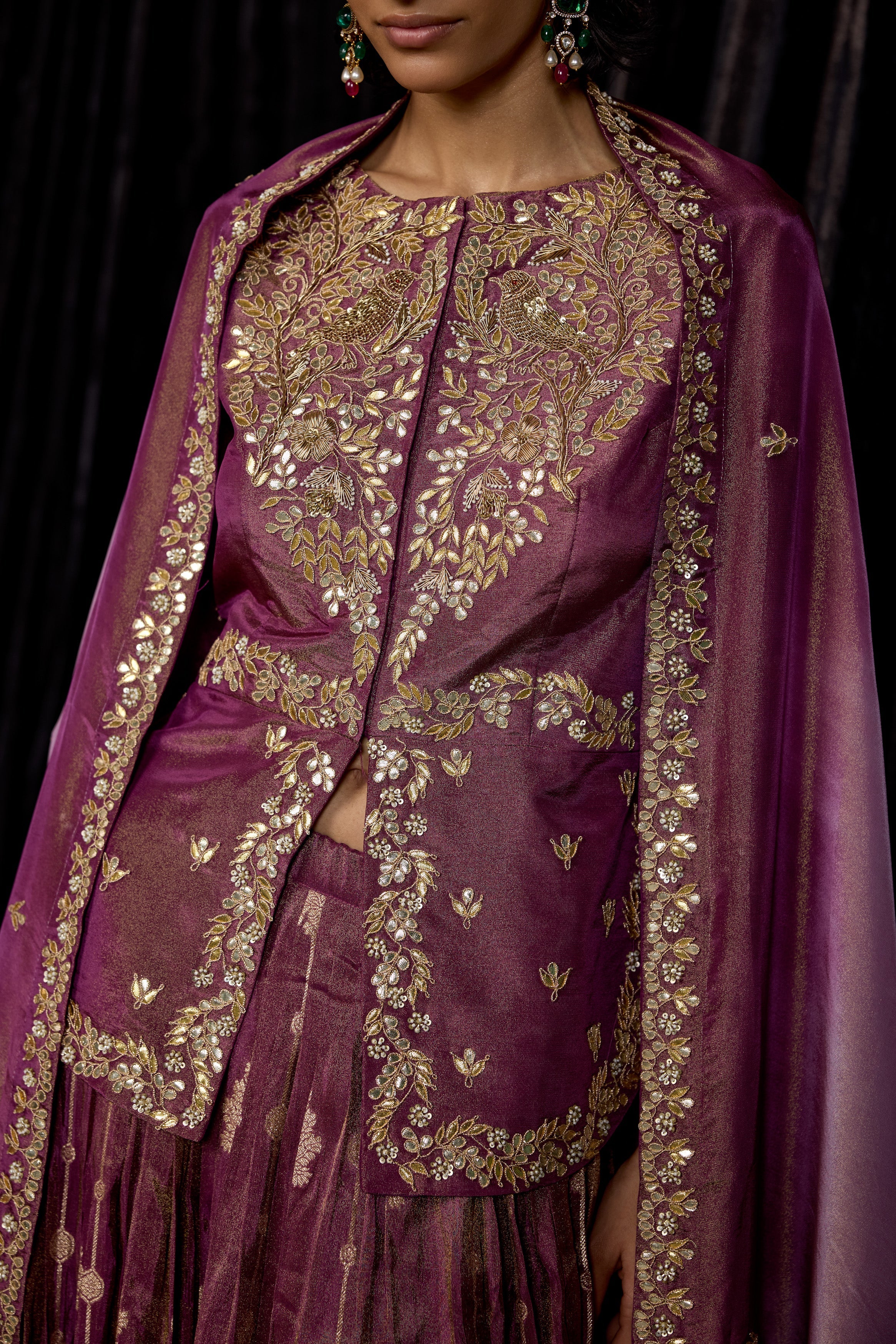 Plum Purple Embellished Shimmer Tissue Silk Skirt Set - Image 2